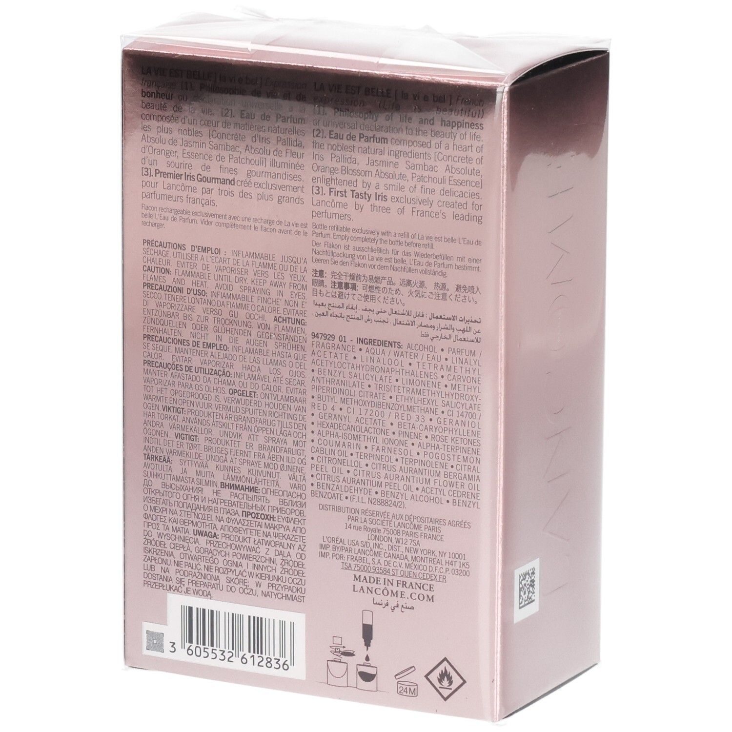 Retro della confezione Lancôme La Vie Est Belle Eau de Parfum 75 ml con testo.