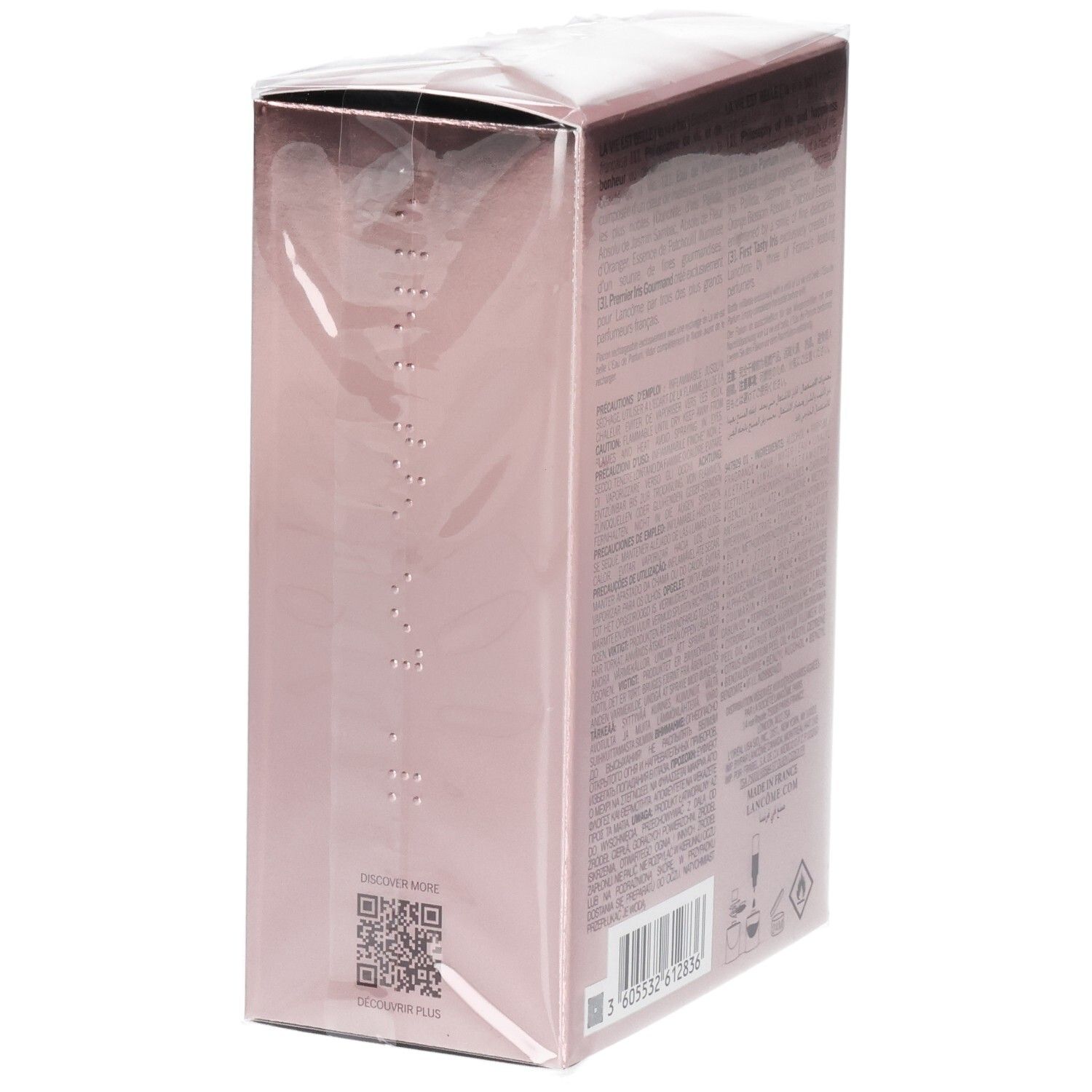 Lato della confezione Lancôme La Vie Est Belle Eau de Parfum 75 ml con QR code.