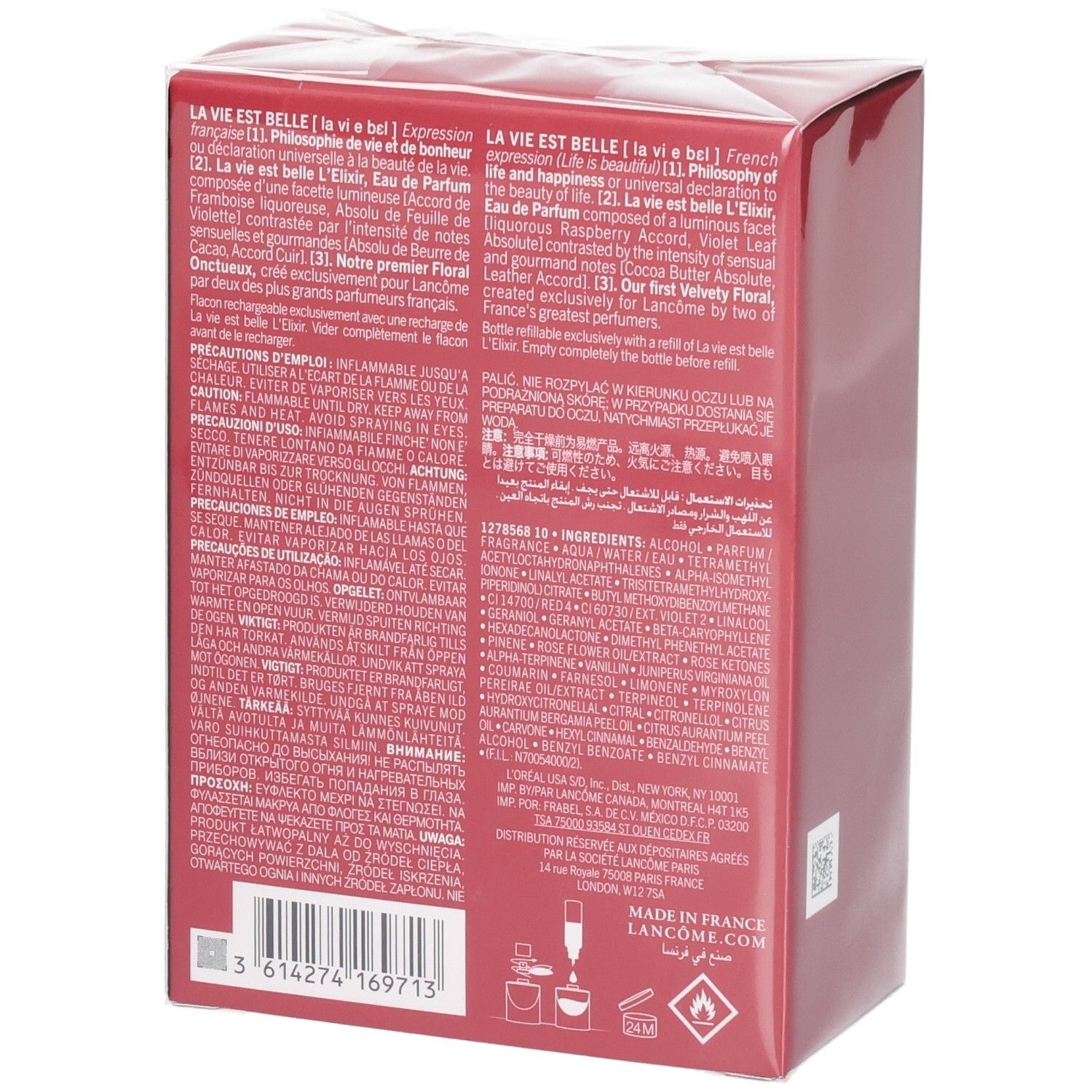 Scatola regalo rossa con scritta Lancôme La Vie Est Belle Eau de Parfum e ingredienti.