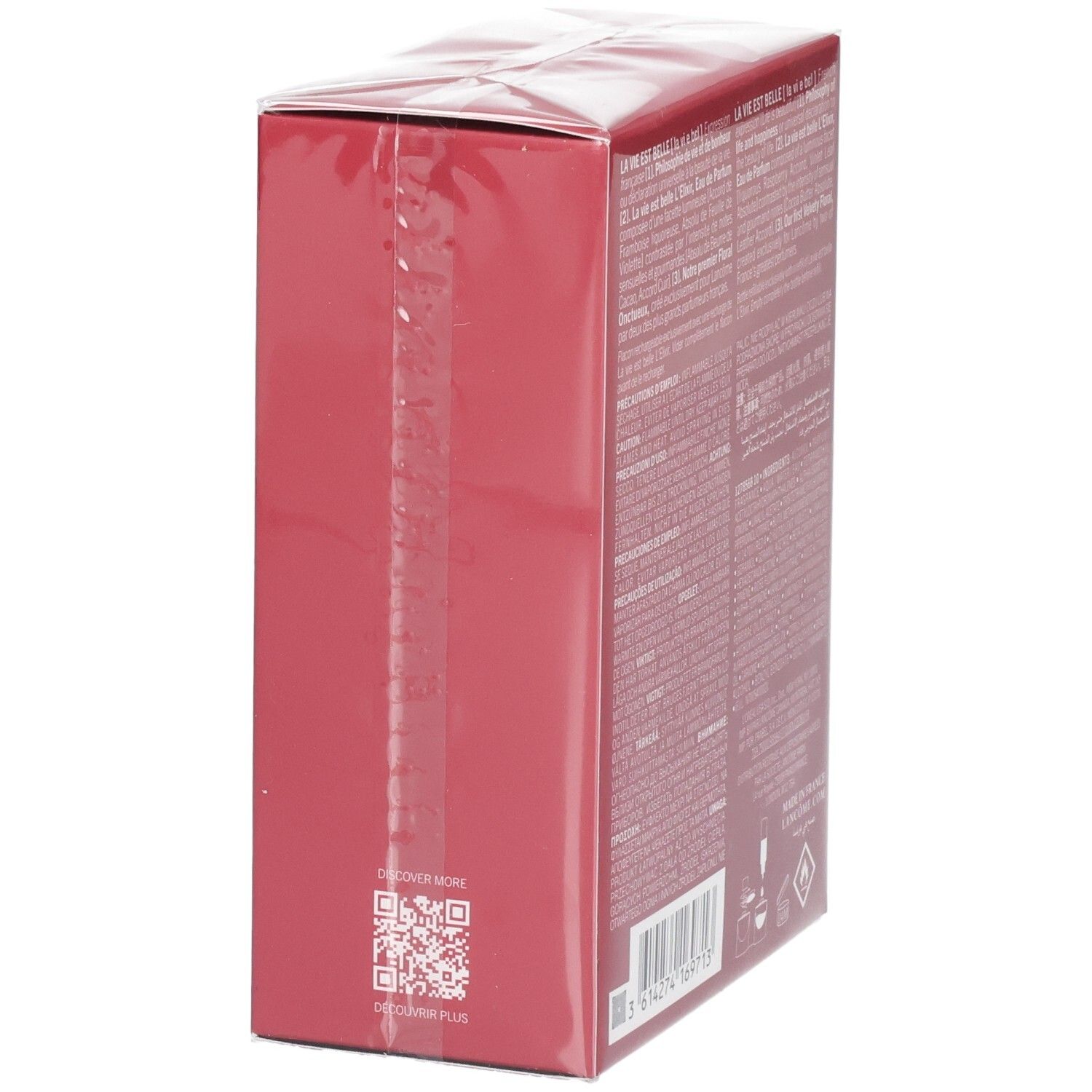 Scatola rossa con testo e codice QR sul lato.