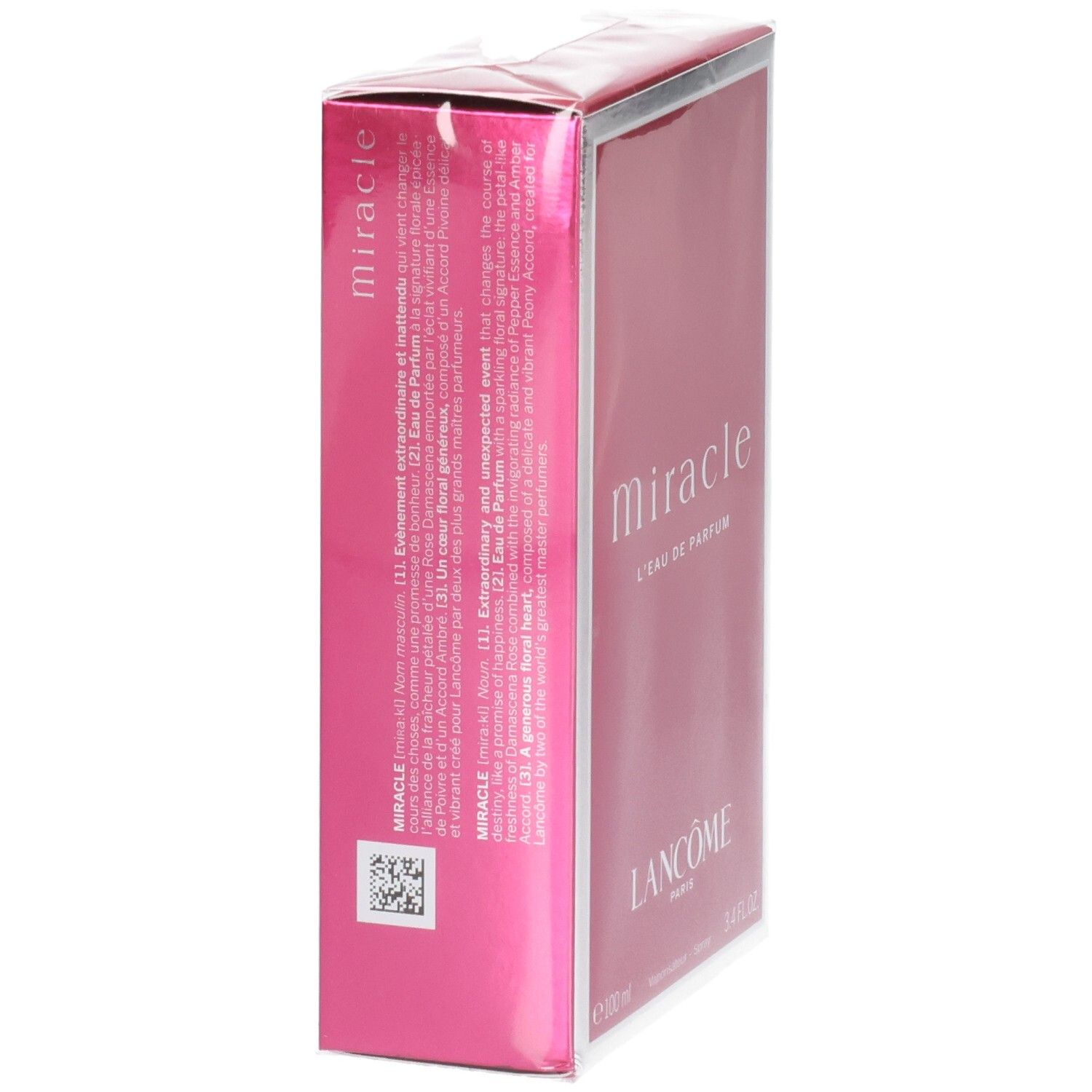 Vista laterale della confezione Lancôme Miracle Eau de Parfum, 100 ml, con bordo argentato e sfondo rosa.
