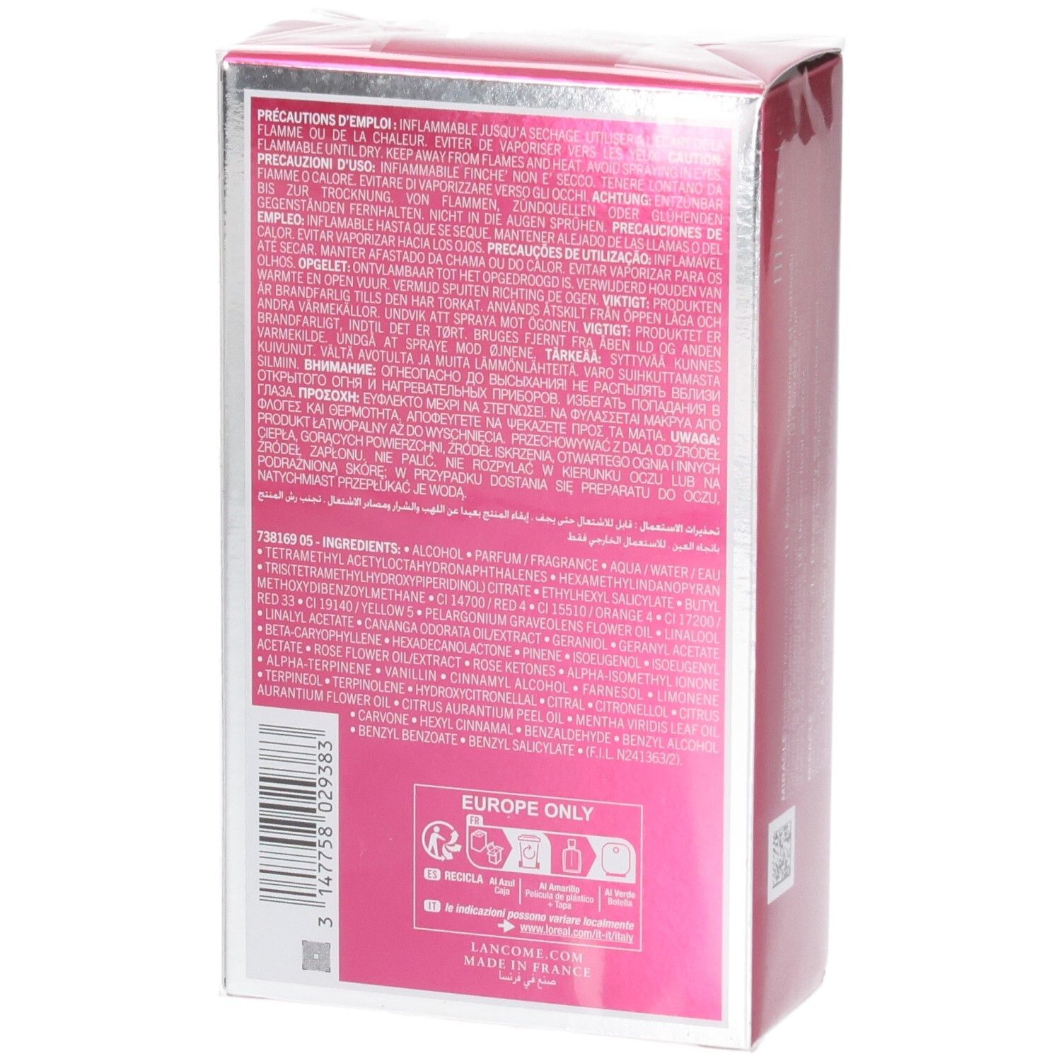 Retro della confezione Lancôme Miracle Eau de Parfum, 100 ml, con bordo argentato e sfondo rosa.