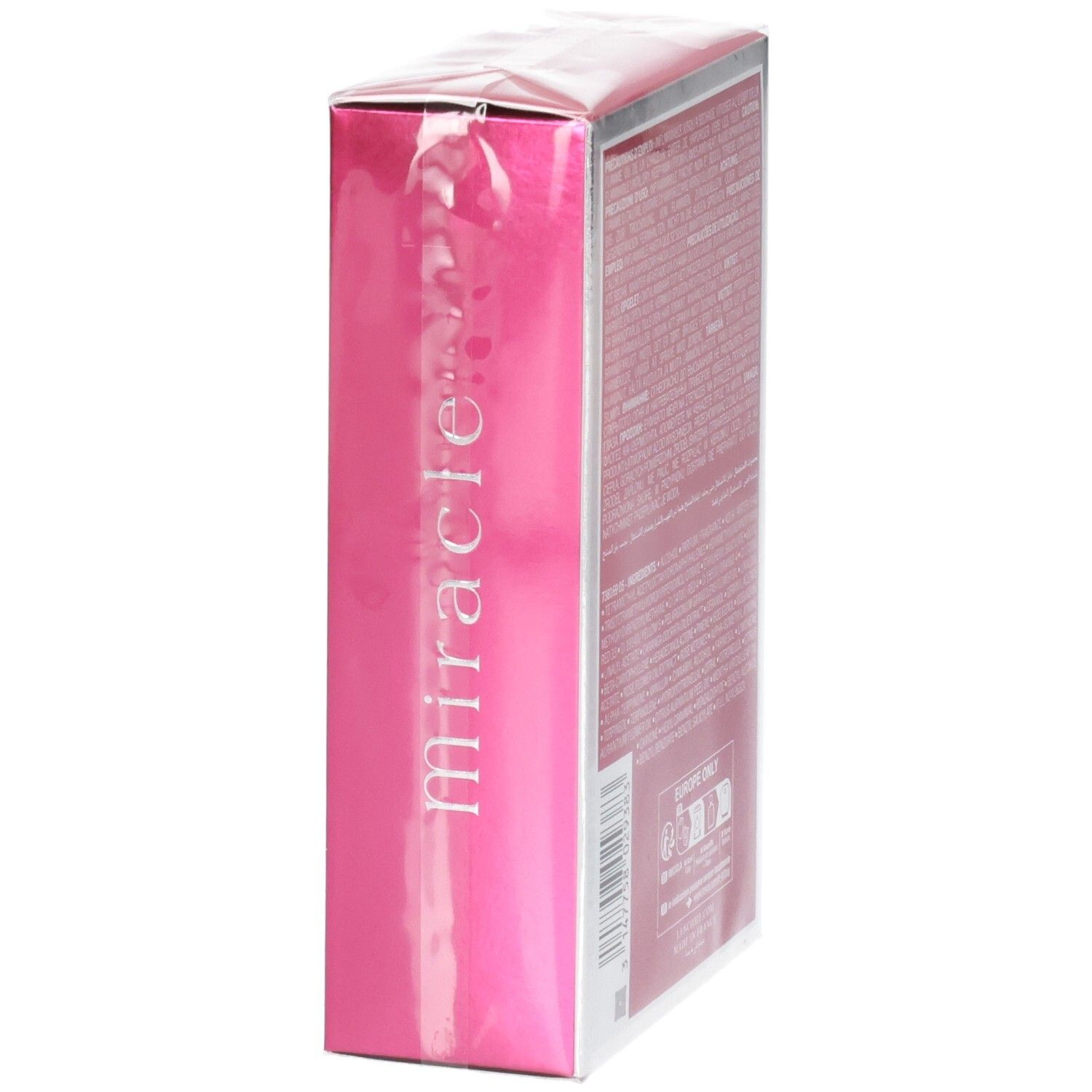 Vista laterale della confezione Lancôme Miracle Eau de Parfum, 100 ml, con bordo argentato e sfondo rosa.