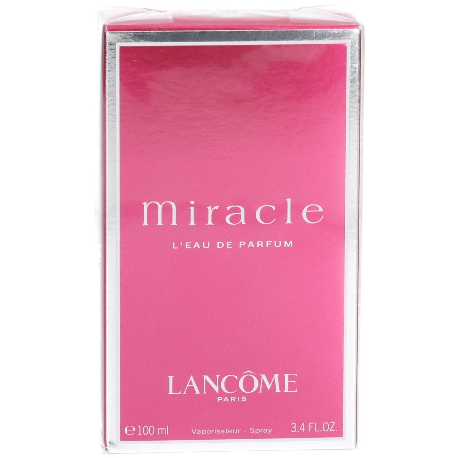 Confezione di Lancôme Miracle Eau de Parfum, 100 ml, con bordo argentato e sfondo rosa sul davanti.