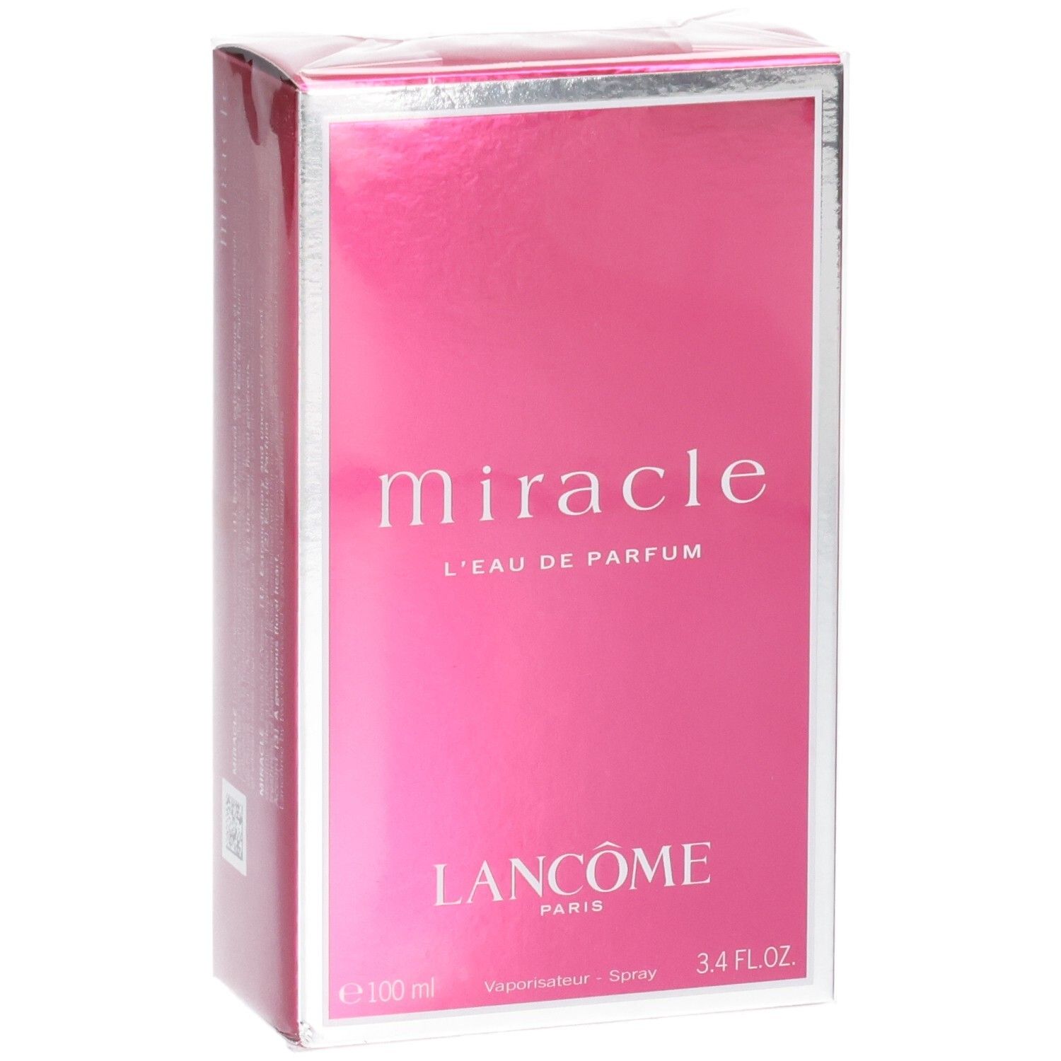 Confezione di Lancôme Miracle Eau de Parfum, 100 ml, con bordo argentato e sfondo rosa sul davanti.