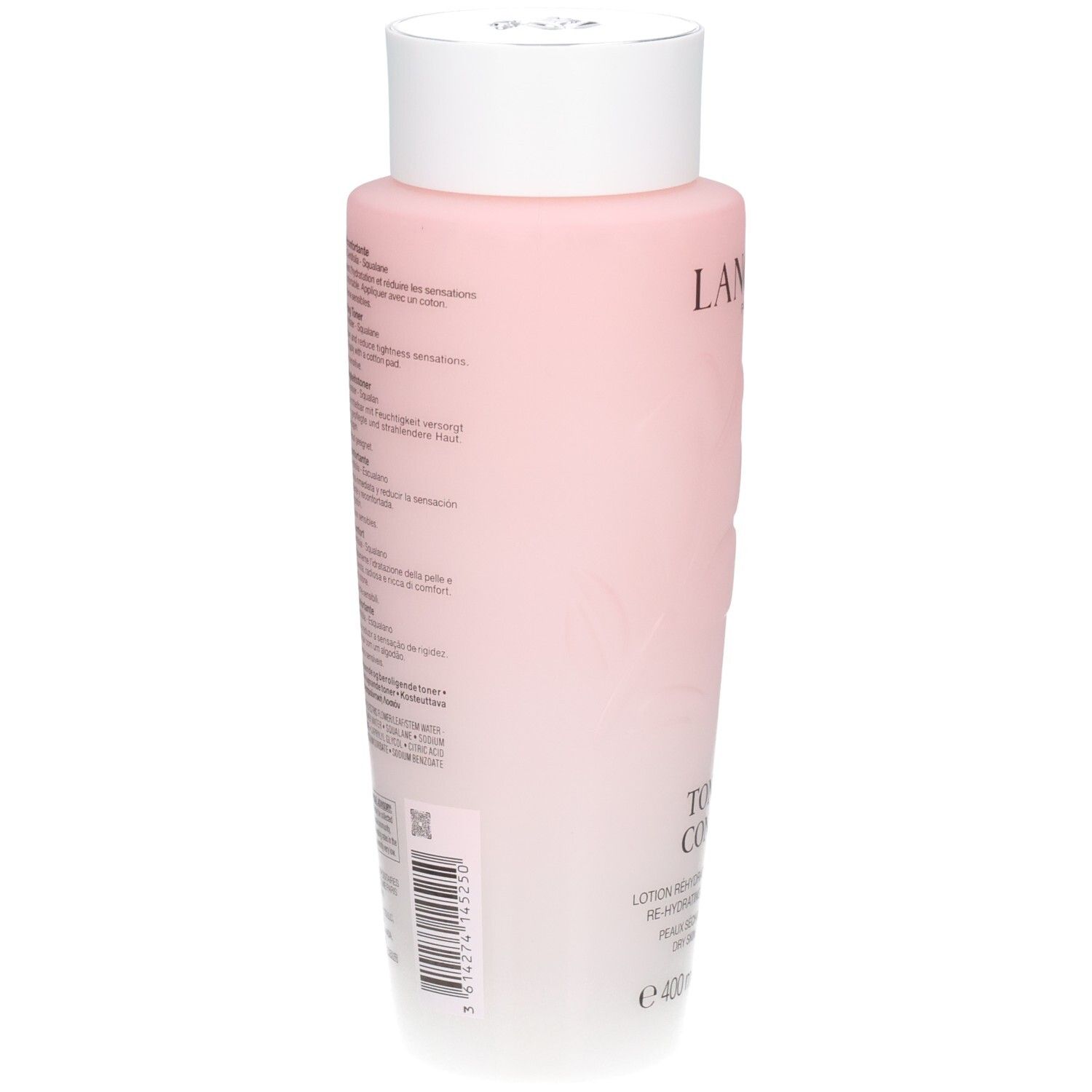 Retro del flacone Lancôme Tonique Confort con informazioni sul prodotto.