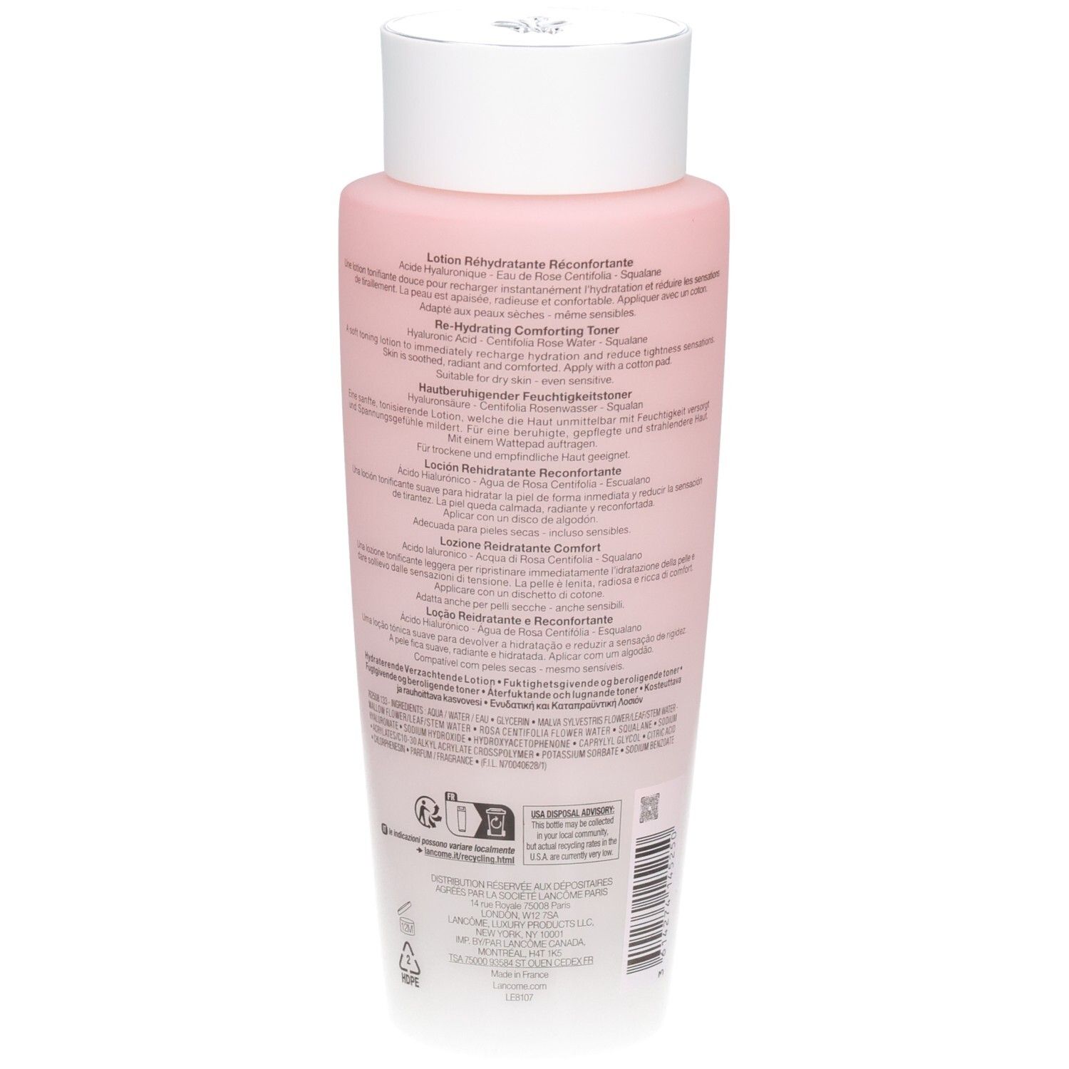 Retro del flacone Lancôme Tonique Confort con istruzioni dettagliate.
