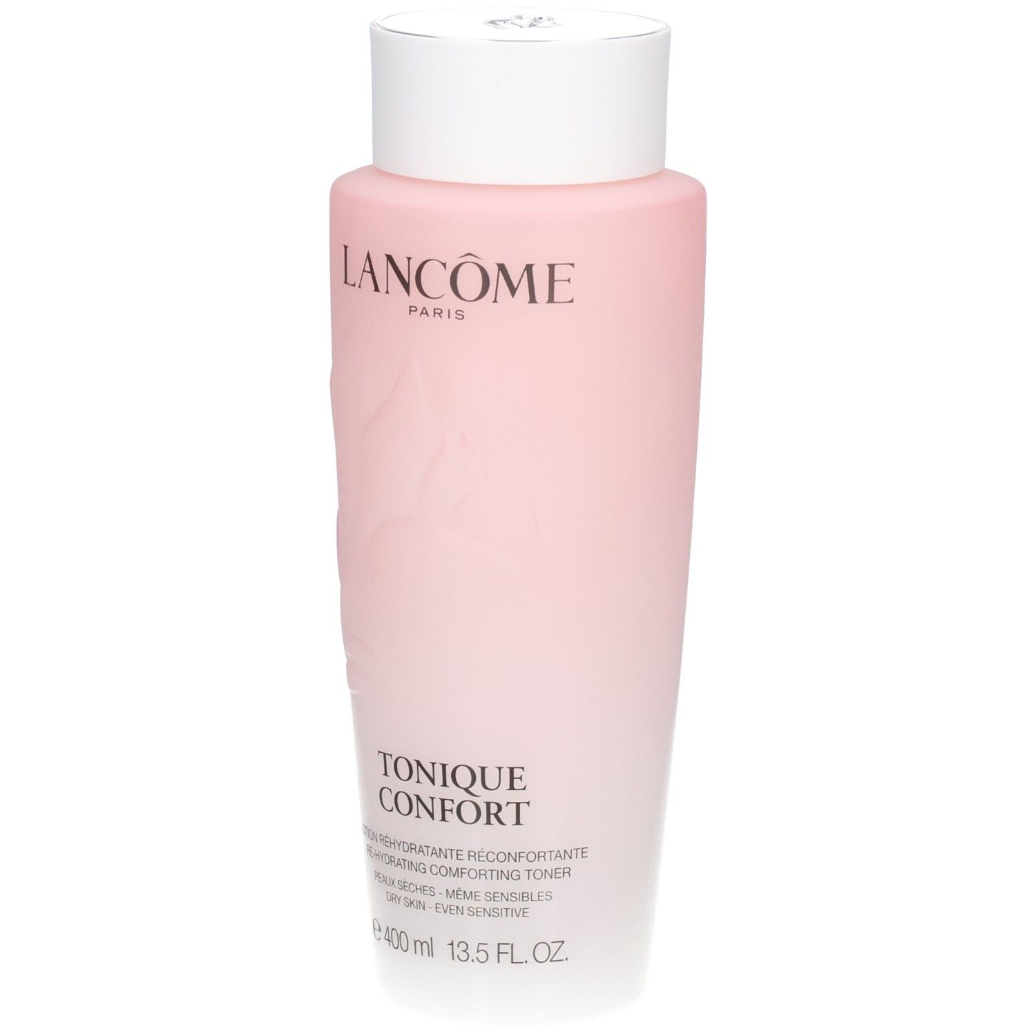 Lancôme Tonique Confort: flacone rosa con tappo bianco. Contiene 400 ml.
