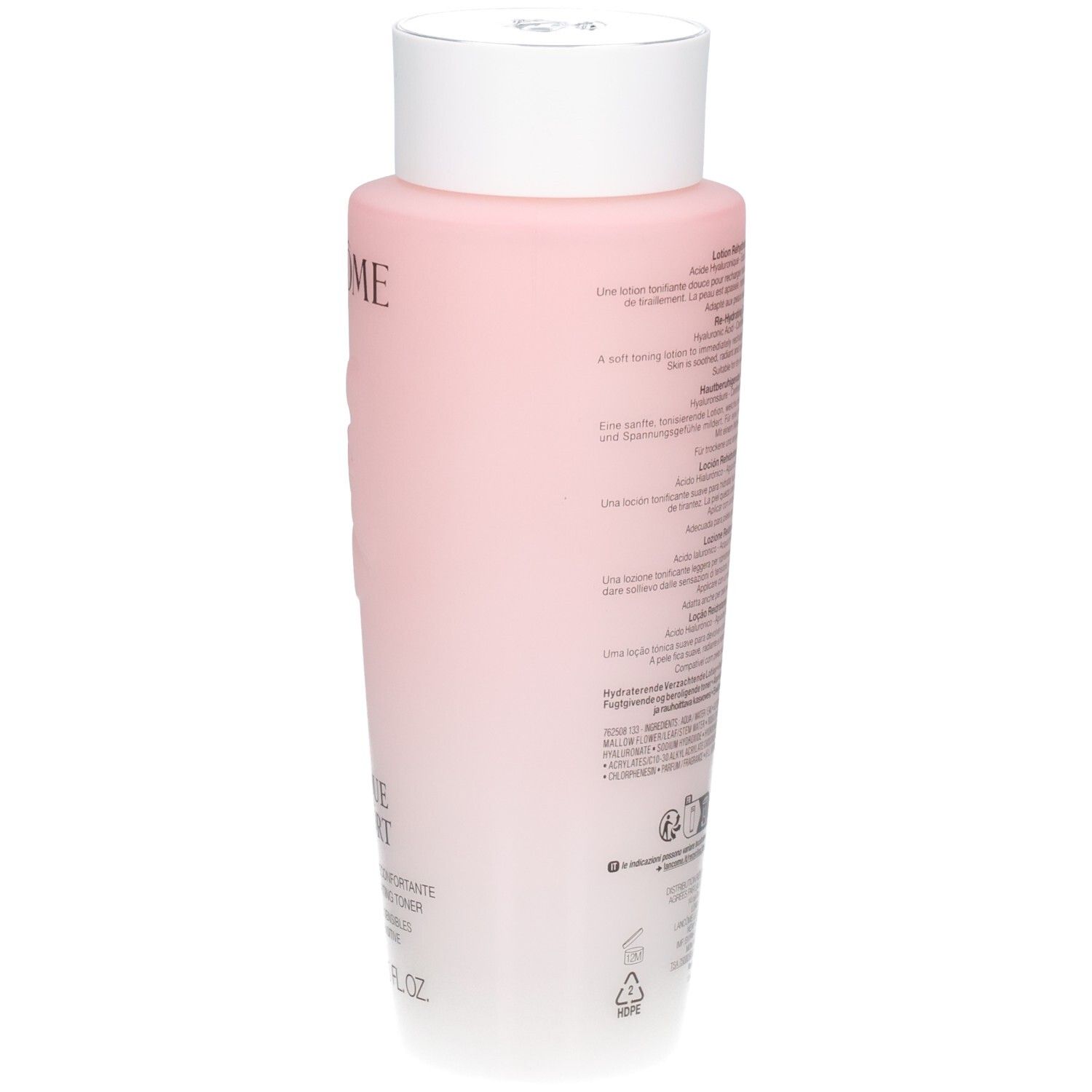 Vista laterale del flacone Lancôme Tonique Confort con informazioni sul prodotto.