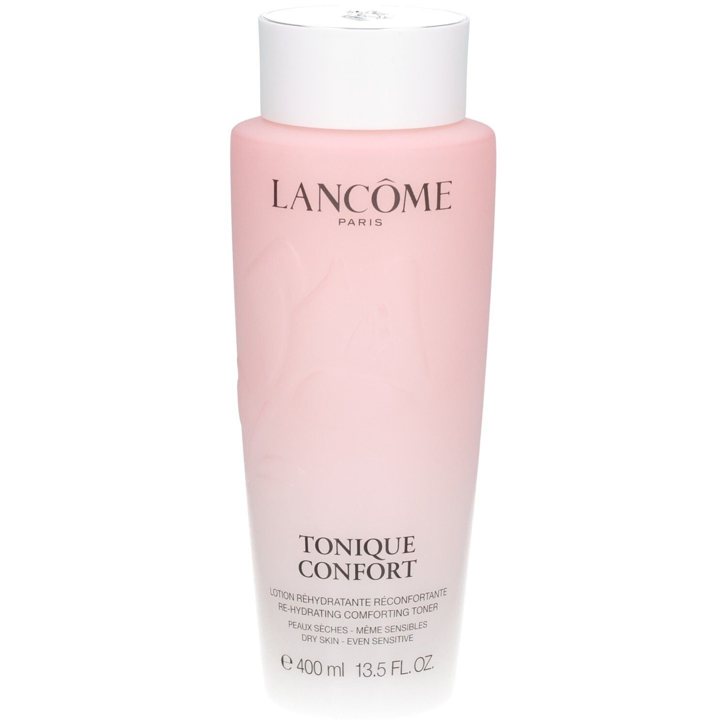 Lancôme Tonique Confort: flacone rosa con tappo bianco. Contiene 400 ml.