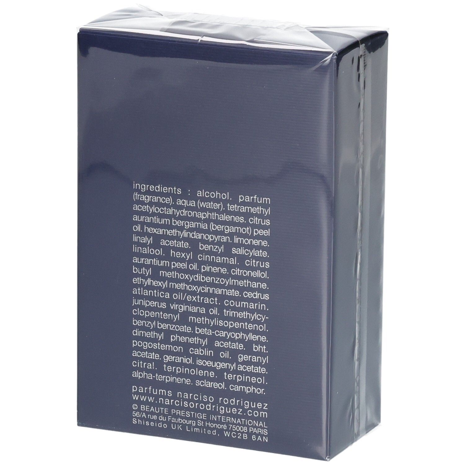 Narciso Rodriguez For Him Bleu Noir Eau de Parfum, 100 ml, retro con ingredienti.