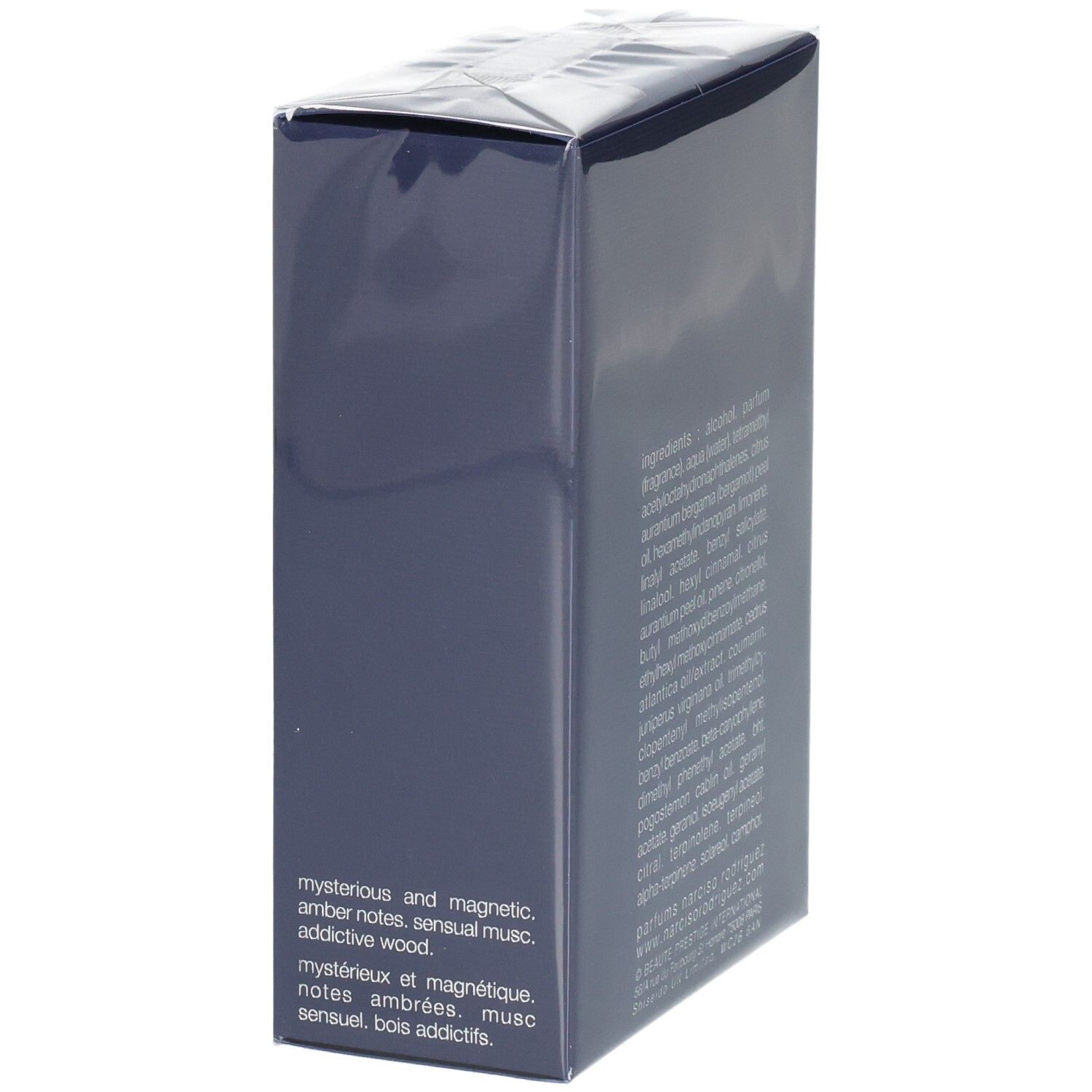 Narciso Rodriguez For Him Bleu Noir Eau de Parfum, 100 ml, lato con descrizione fragranza.