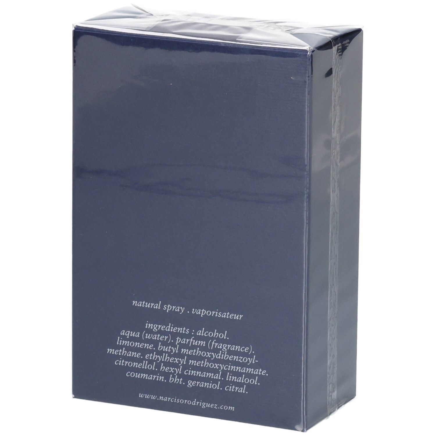 Retro della confezione Narciso Rodriguez For Him Bleu Noir Eau de Toilette con ingredienti.
