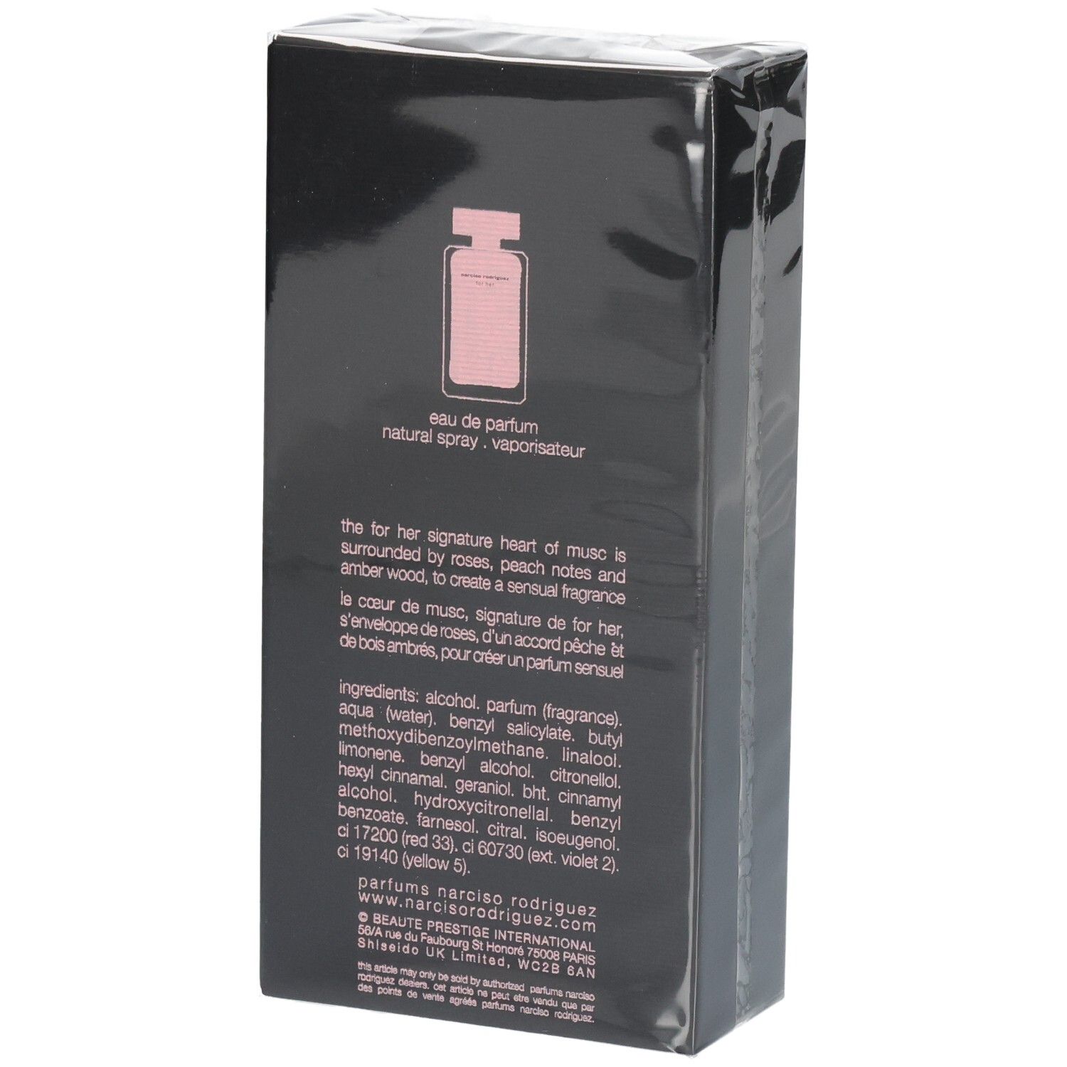 Retro della confezione Narciso Rodriguez For Her Eau de Parfum 100ml con ingredienti.