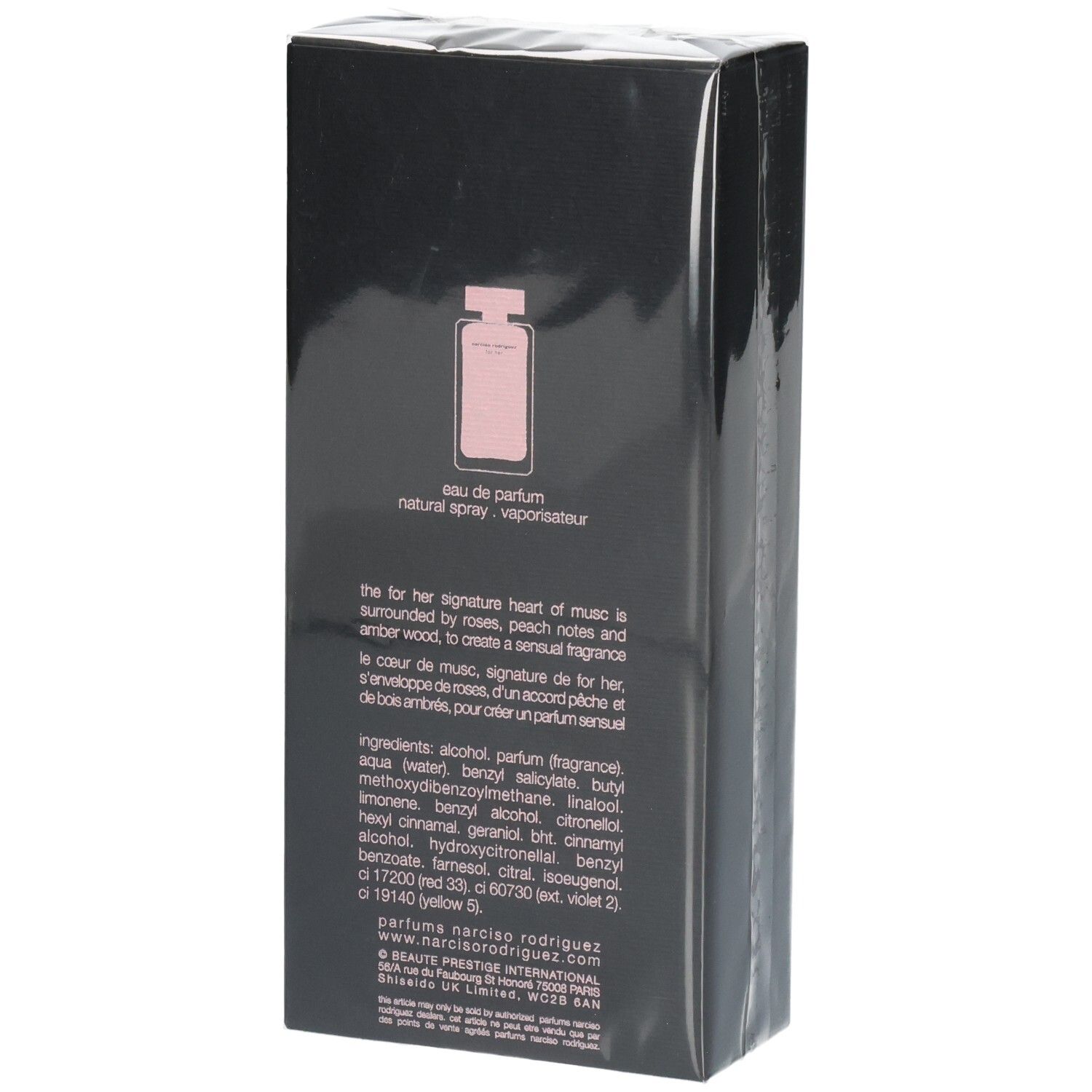 Retro della confezione regalo Narciso Rodriguez For Her Eau de Parfum con descrizione della fragranza e ingredienti.