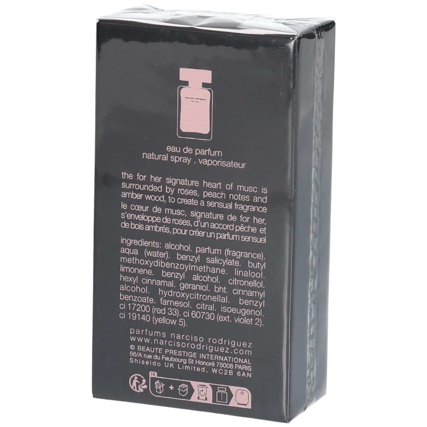 Retro della confezione Narciso Rodriguez For Her Eau de Parfum 50 ml con ingredienti.