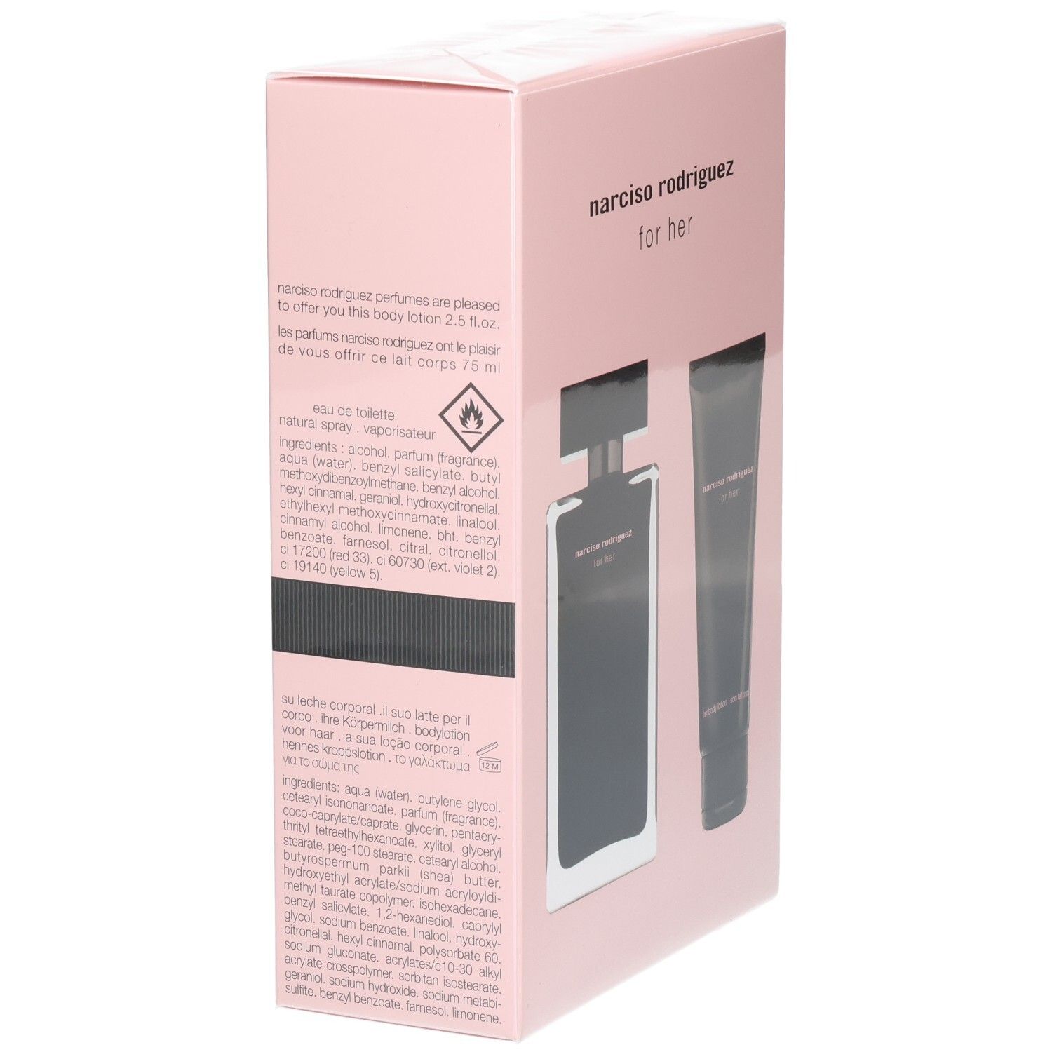 Retro della confezione Narciso Rodriguez For Her Coffret con informazioni sul prodotto e ingredienti.