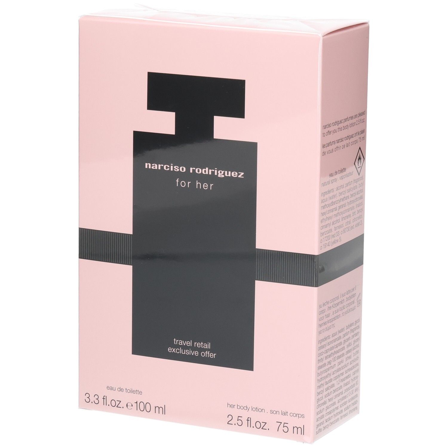 Narciso Rodriguez For Her Coffret: Eau de Toilette 100ml e Body Lotion 75ml su scatola rosa.