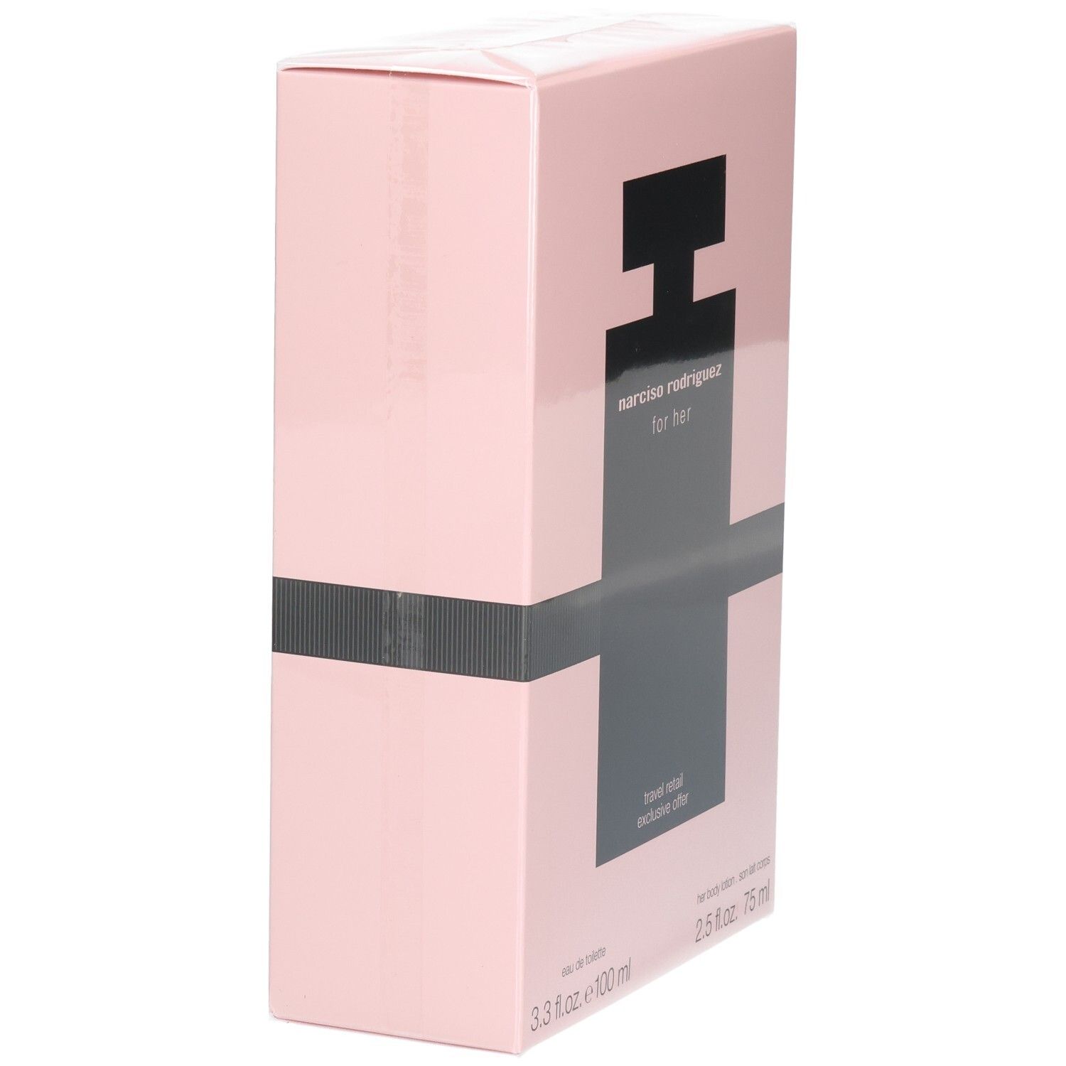 Lato della confezione Narciso Rodriguez For Her Coffret con illustrazione prodotto e testo.