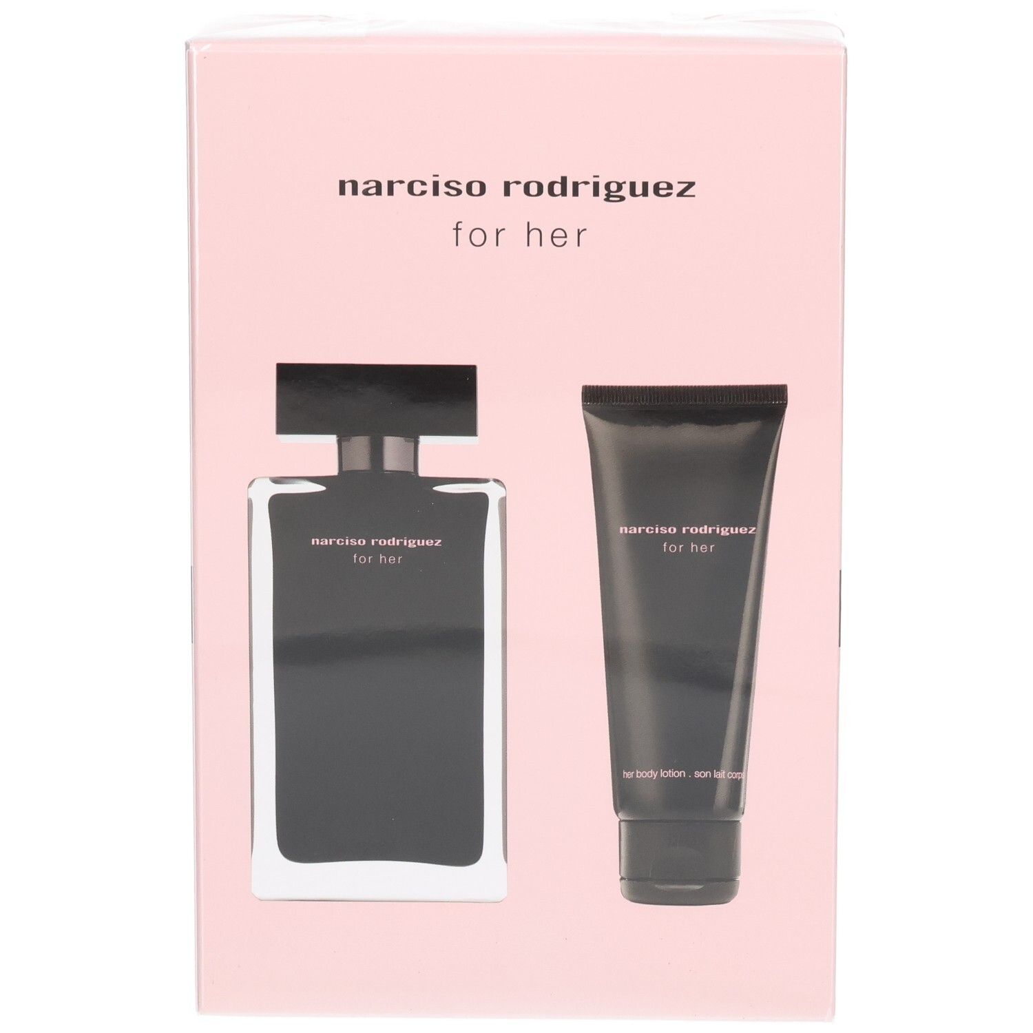 Narciso Rodriguez For Her Coffret: flacone Eau de Toilette e tubo Body Lotion su scatola rosa.