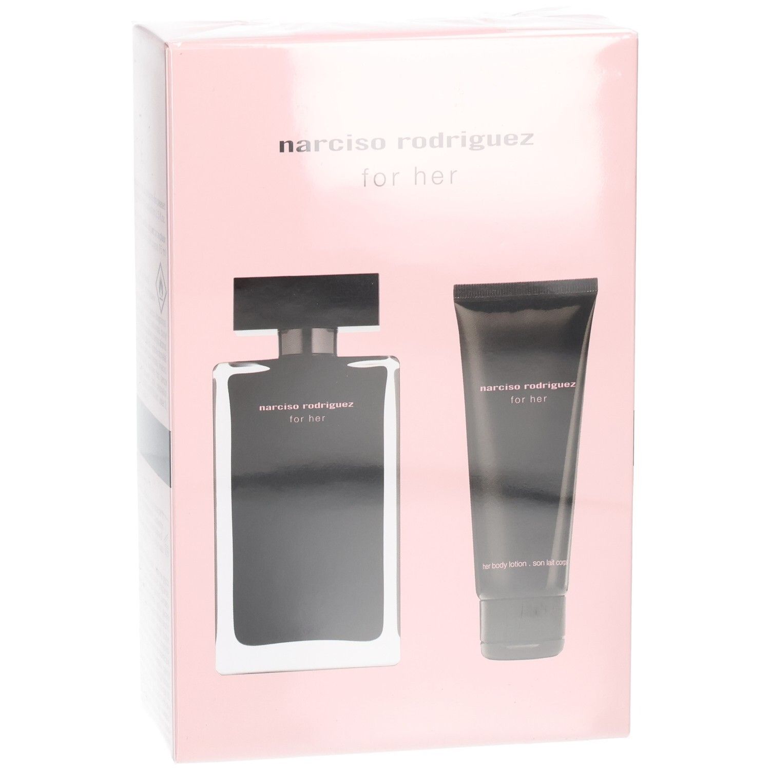 Narciso Rodriguez For Her Coffret: flacone Eau de Toilette e tubo Body Lotion su scatola rosa.