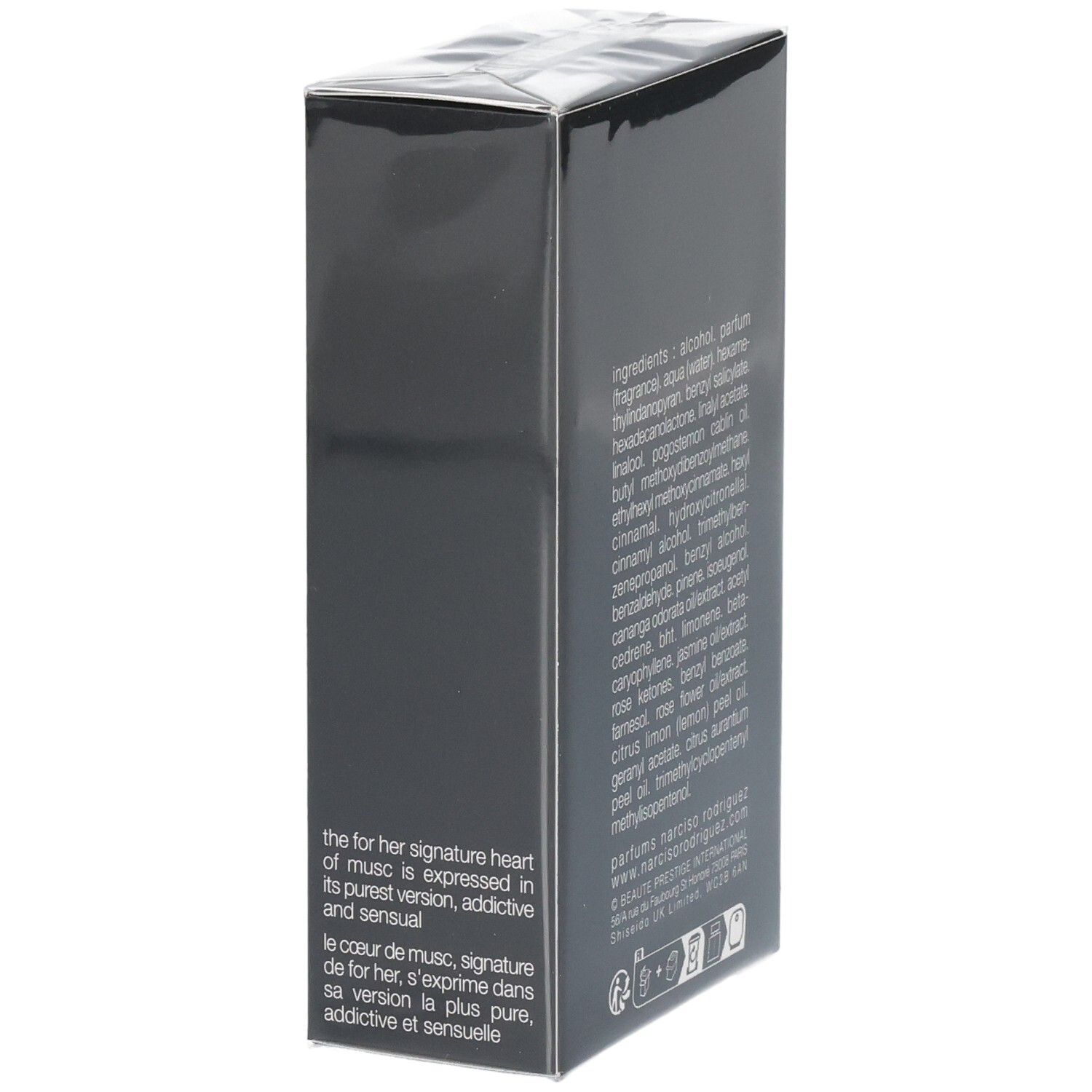 Lato della confezione del profumo Narciso Rodriguez For Her Pure Musc Eau de Parfum con descrizione.