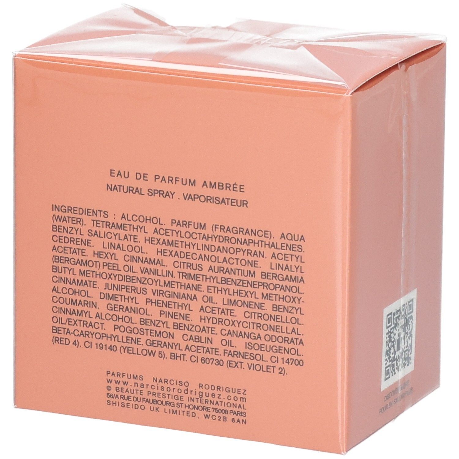 Retro della confezione di Narciso Rodriguez Eau de Parfum Ambrée con ingredienti.
