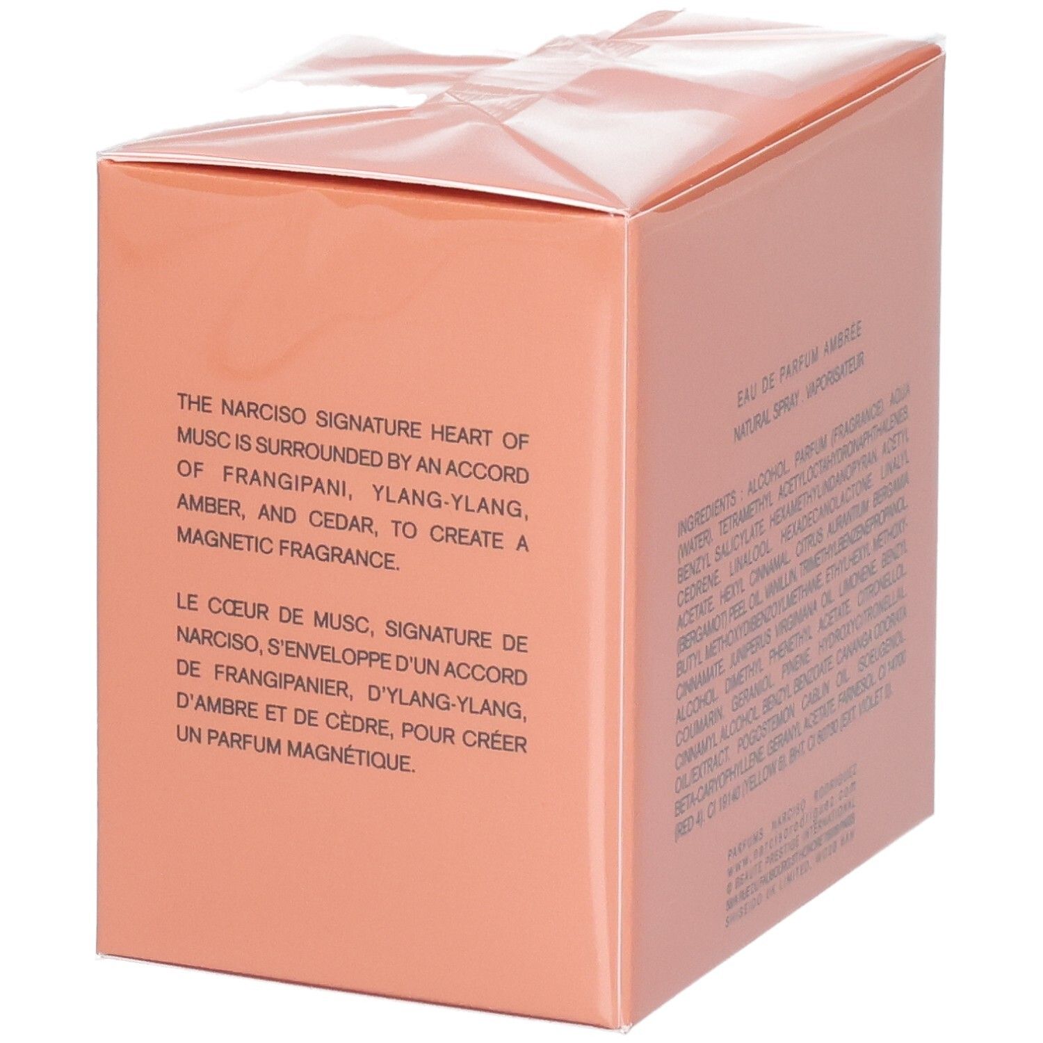 Lato della confezione di Narciso Rodriguez Eau de Parfum Ambrée con descrizione.