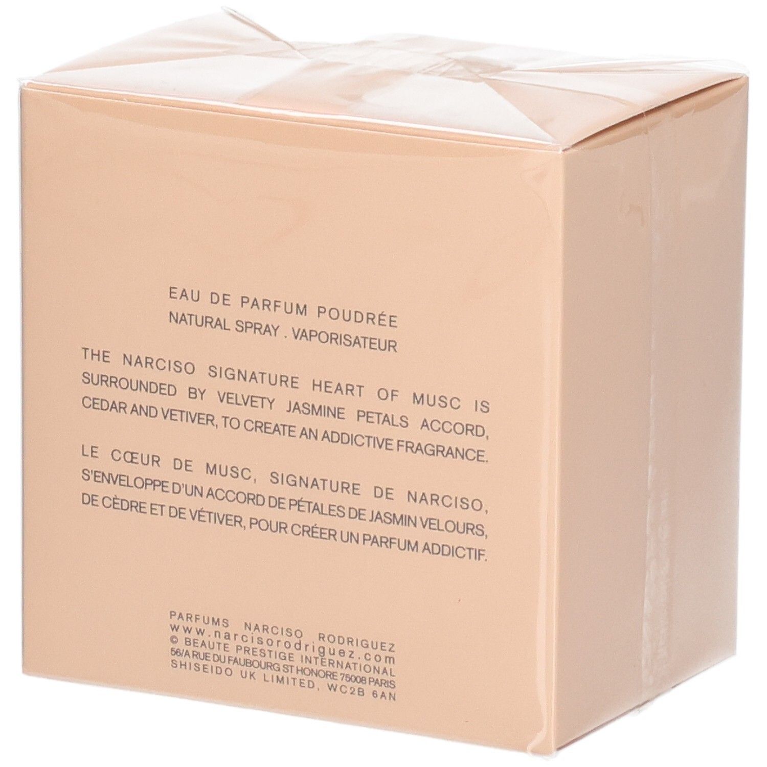 Retro della confezione Narciso Rodriguez Narciso Poudrée Eau de Parfum con descrizione.