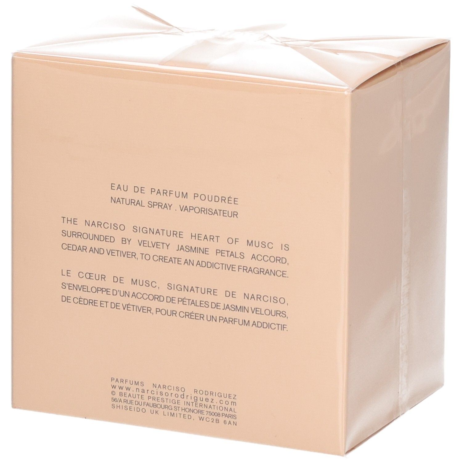 Retro della confezione di Narciso Rodriguez Eau de Parfum Poudrée con descrizione della fragranza.
