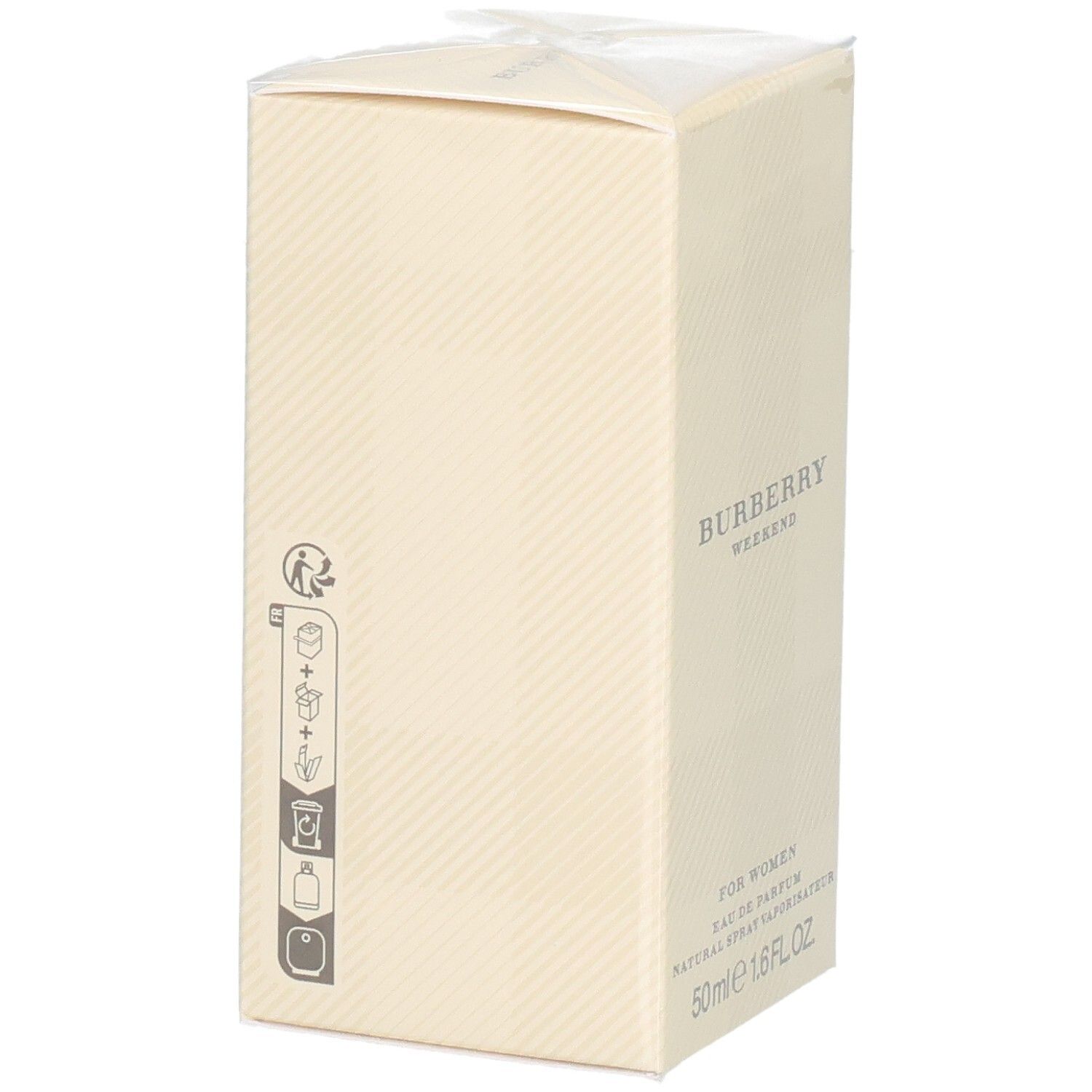 Confezione del Burberry Weekend Eau de Parfum da donna, 50ml, con simboli.