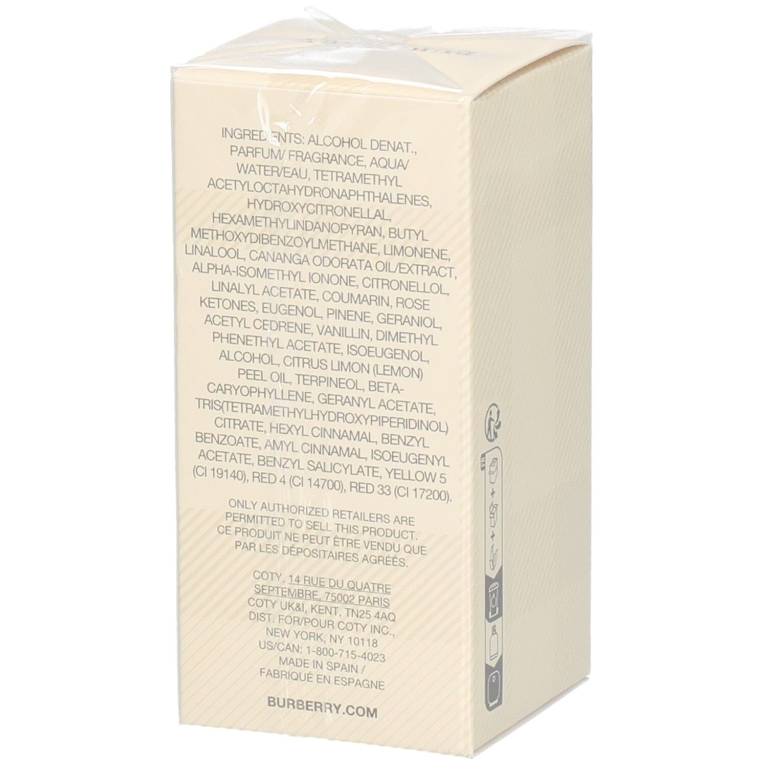 Lato della confezione del Burberry Weekend Eau de Parfum da donna, 50ml, con ingredienti.