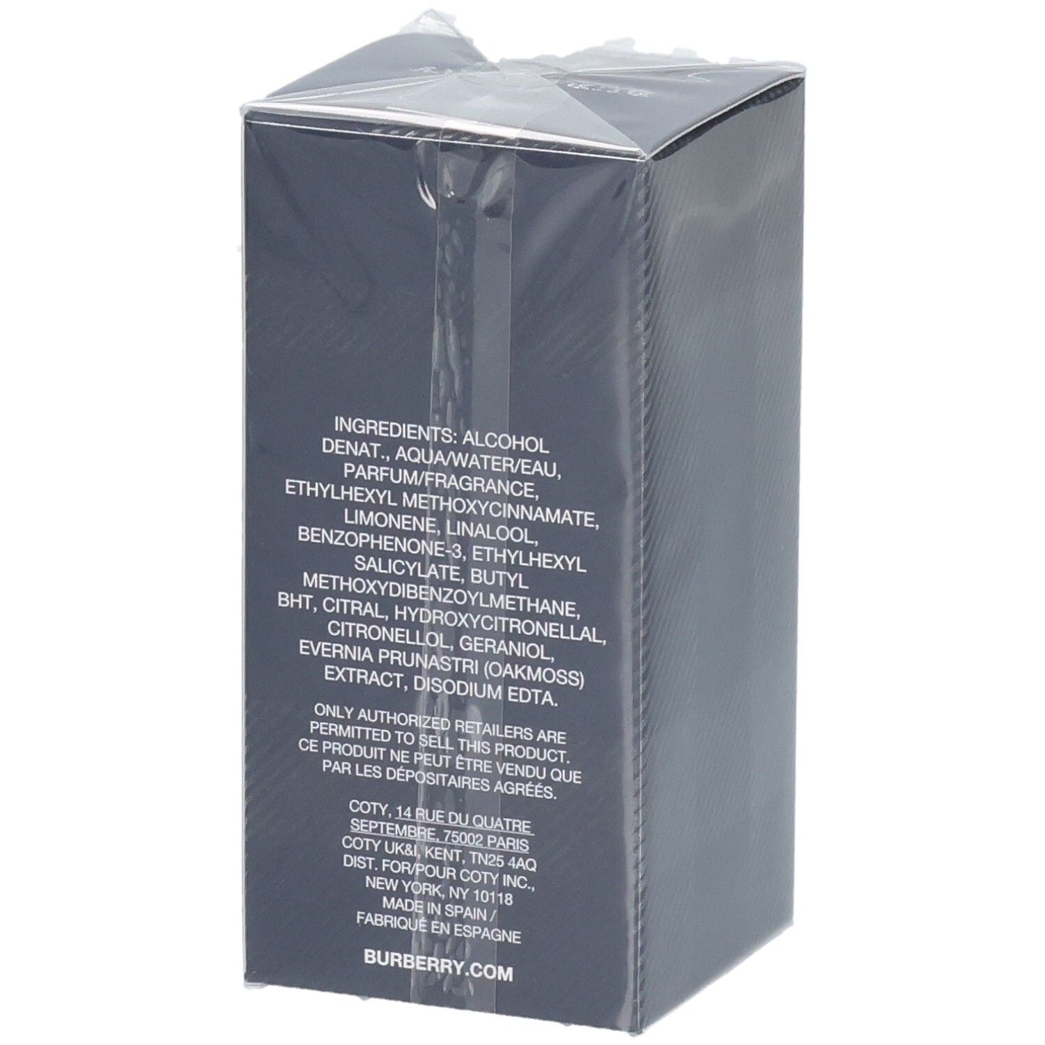Retro della confezione del Burberry Weekend Eau de Toilette da uomo con ingredienti.