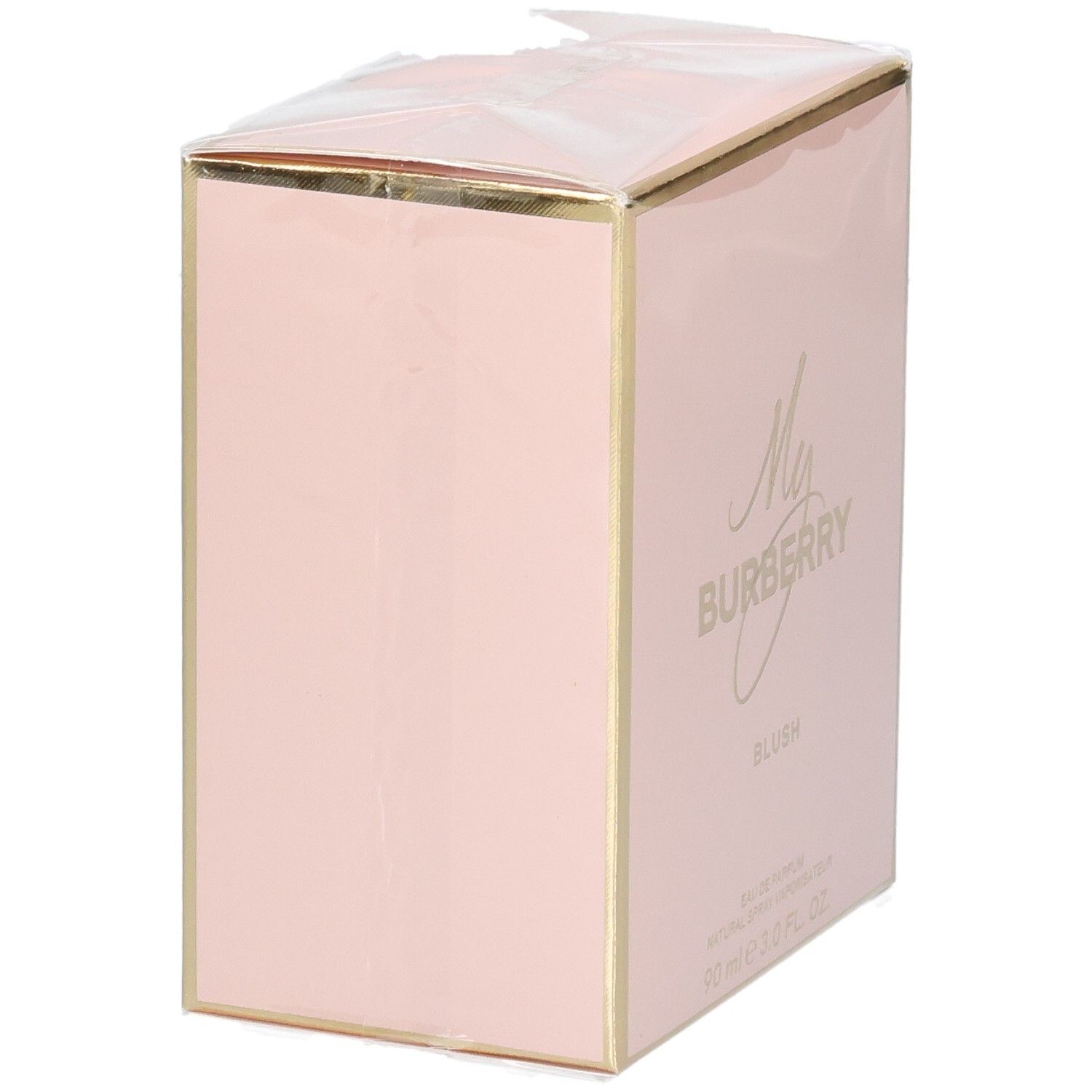 Lato della confezione rosa My Burberry Blush Eau de Parfum con bordi dorati.