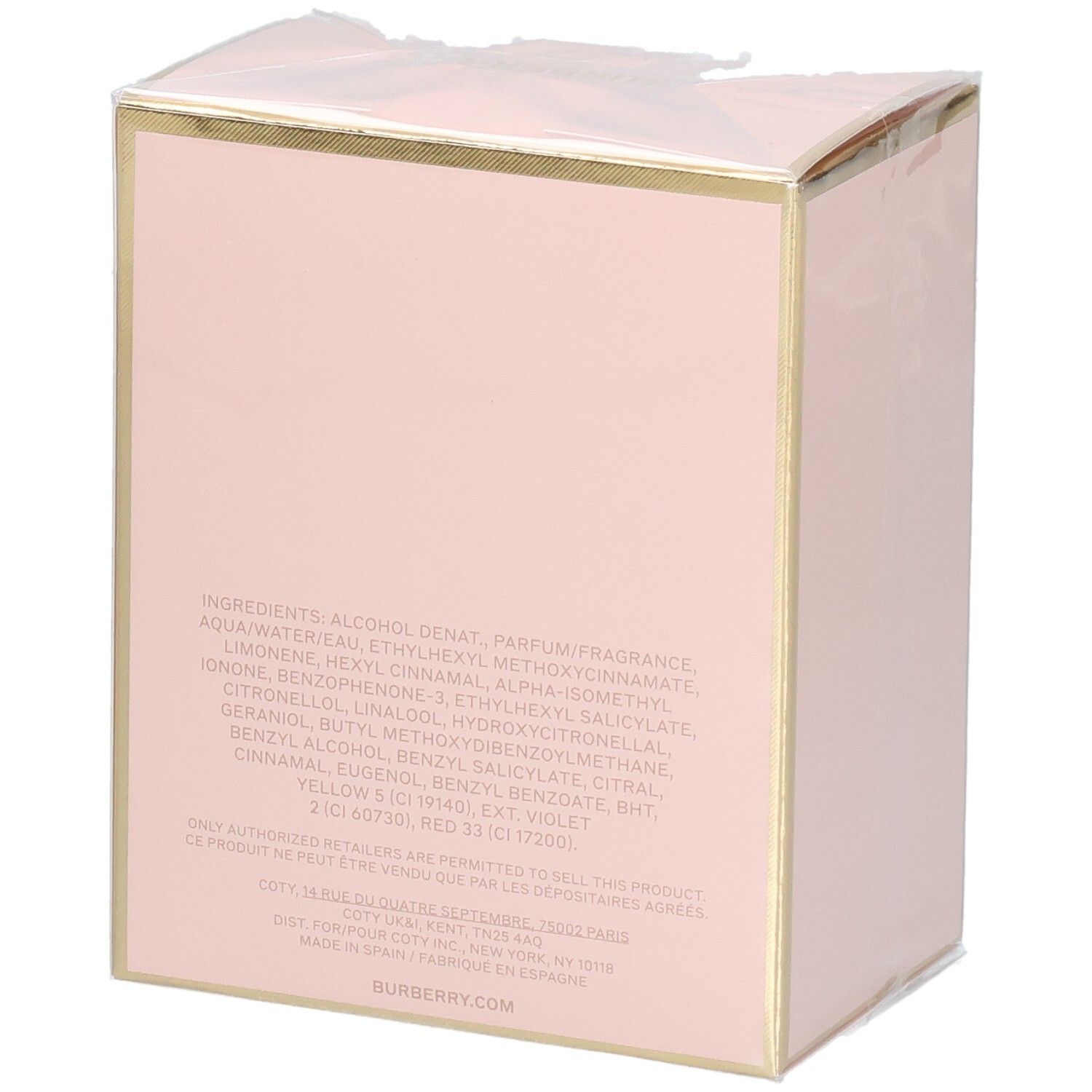 Retro della confezione rosa My Burberry Blush Eau de Parfum con elenco ingredienti.