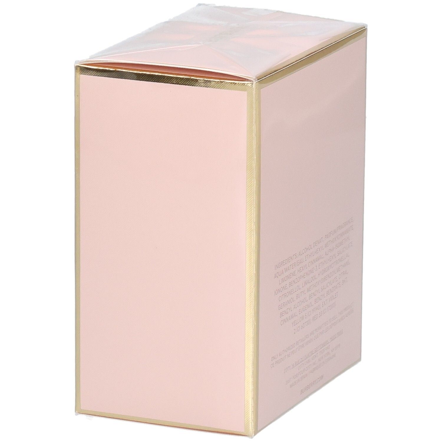 Vista laterale della confezione rosa My Burberry Blush Eau de Parfum con bordi dorati.