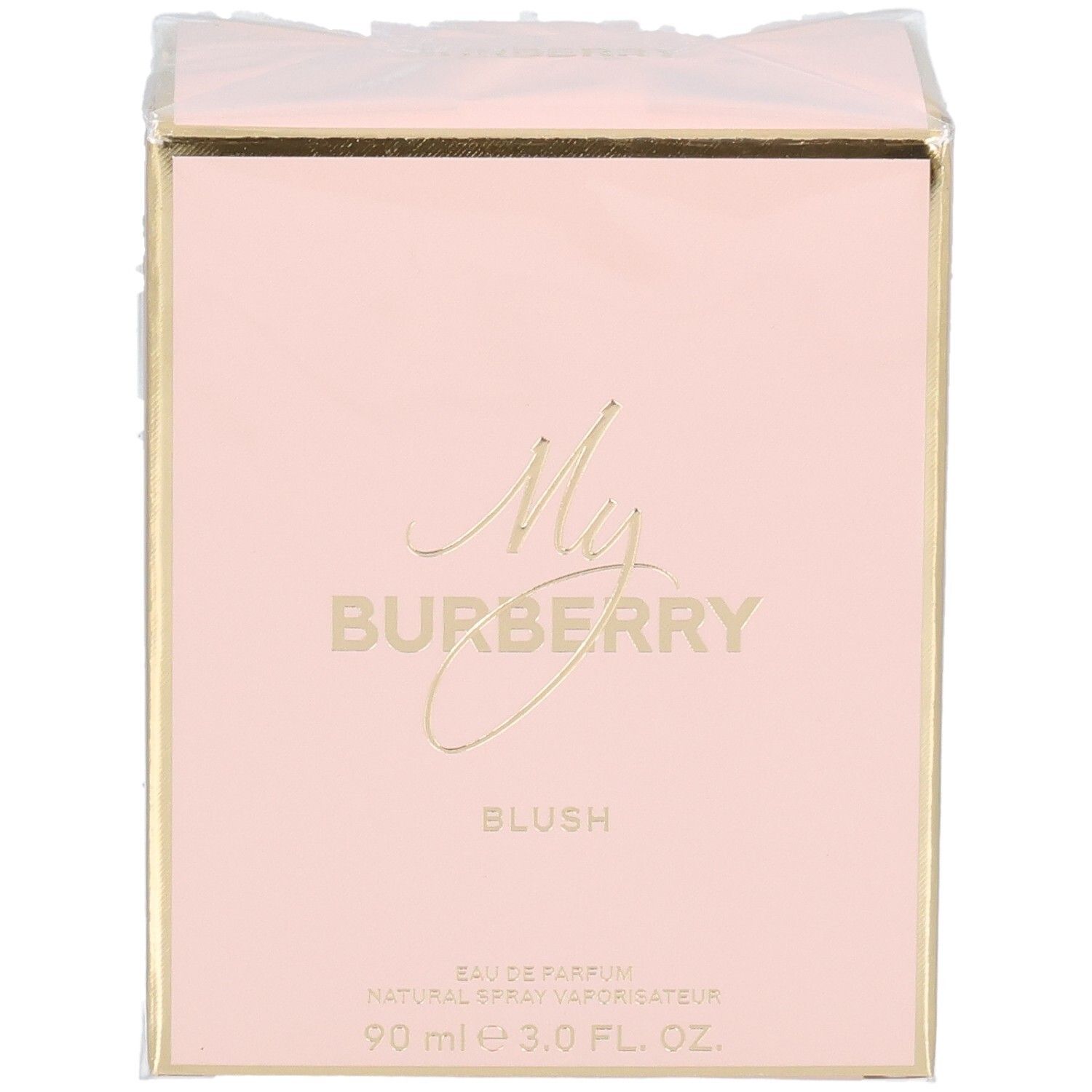 Confezione My Burberry Blush Eau de Parfum rosa con accenti dorati e nome del marchio.