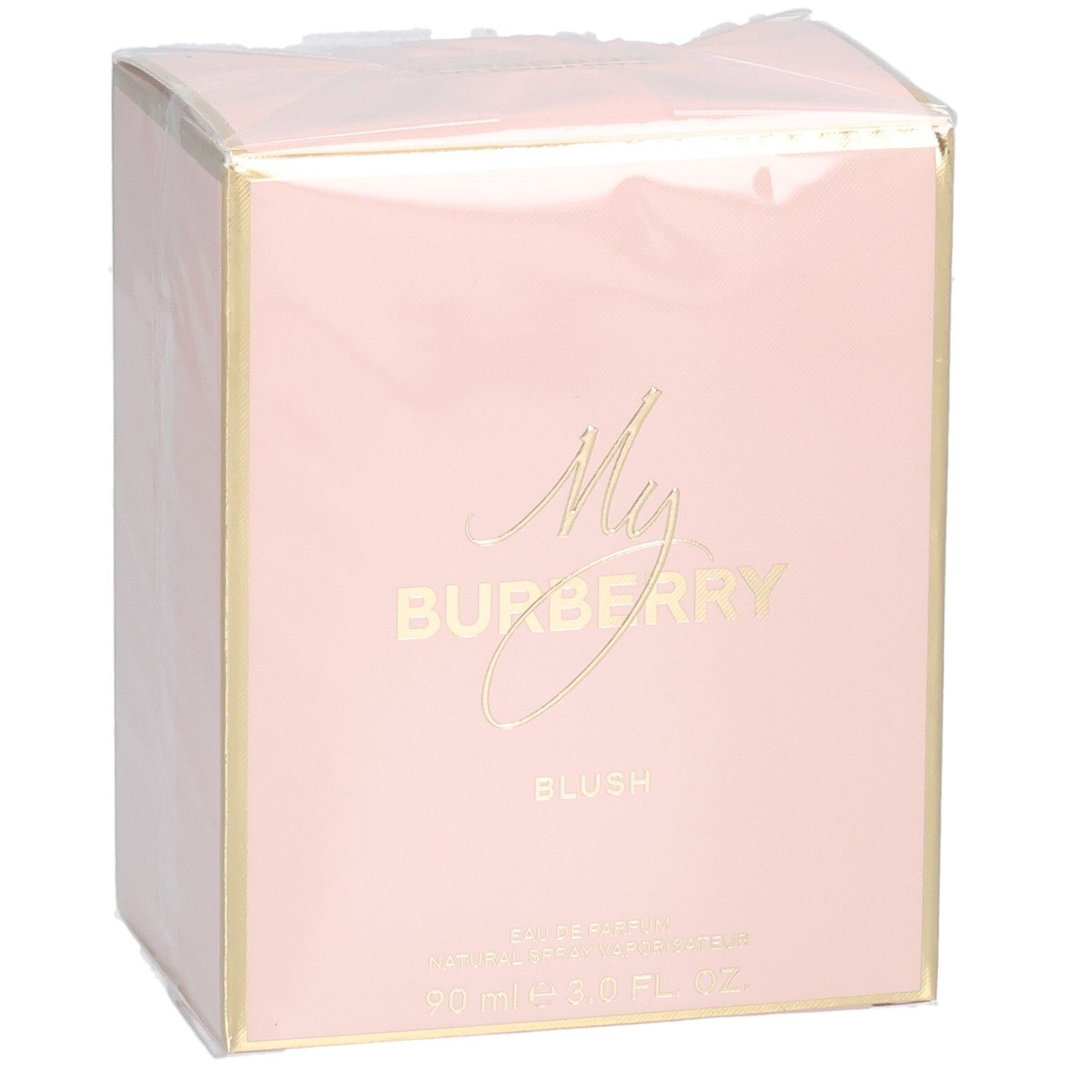 Confezione rosa My Burberry Blush Eau de Parfum con dettagli dorati e nome del marchio.