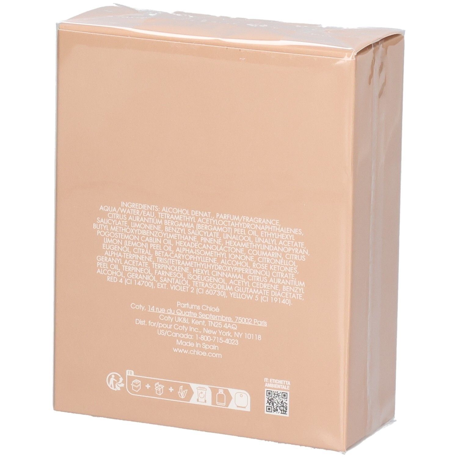 Chloé Nomade Eau de Parfum Spray 75ml confezione, retro con ingredienti.