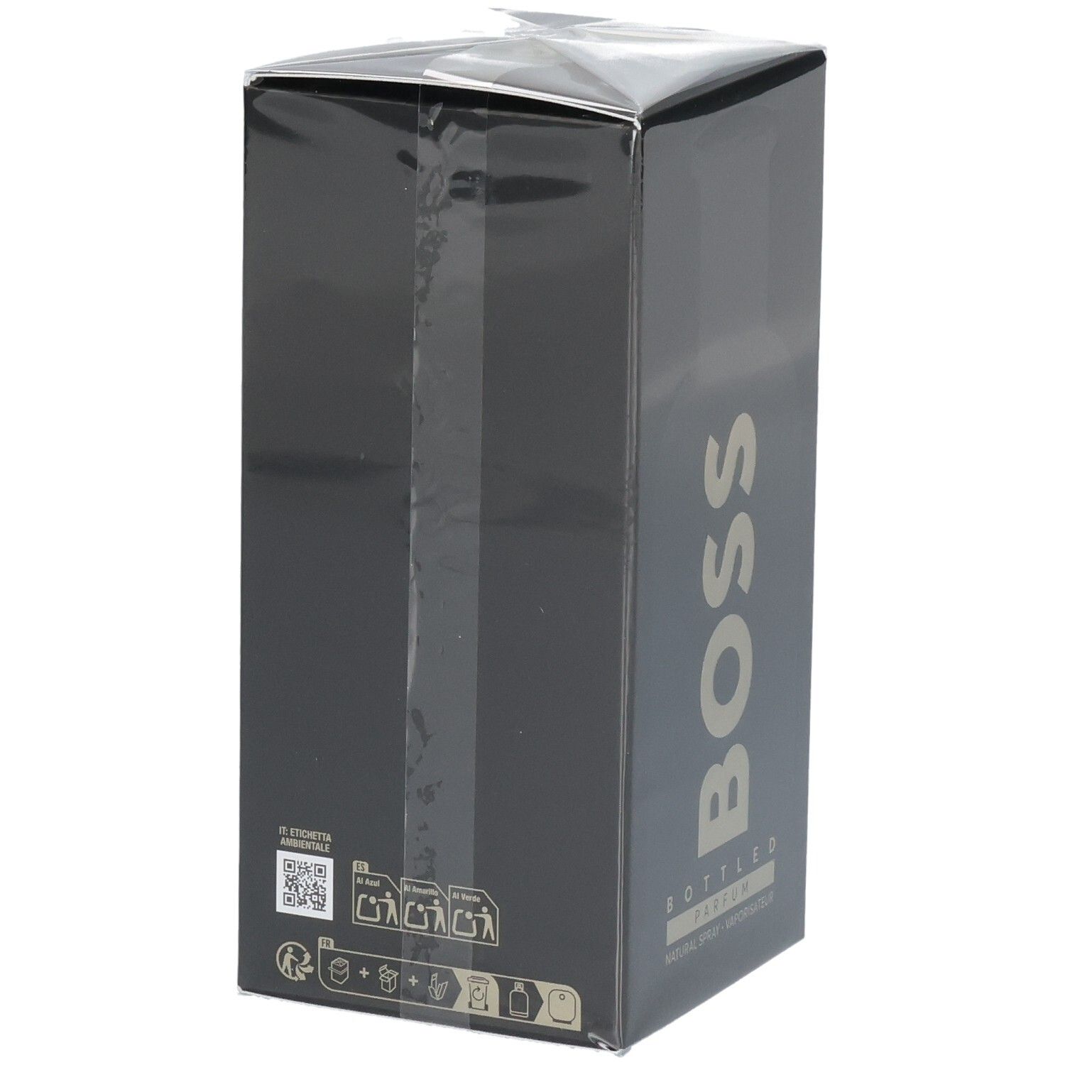 Retro della scatola Hugo Boss Bottled Parfum con informazioni sul prodotto e codice QR.