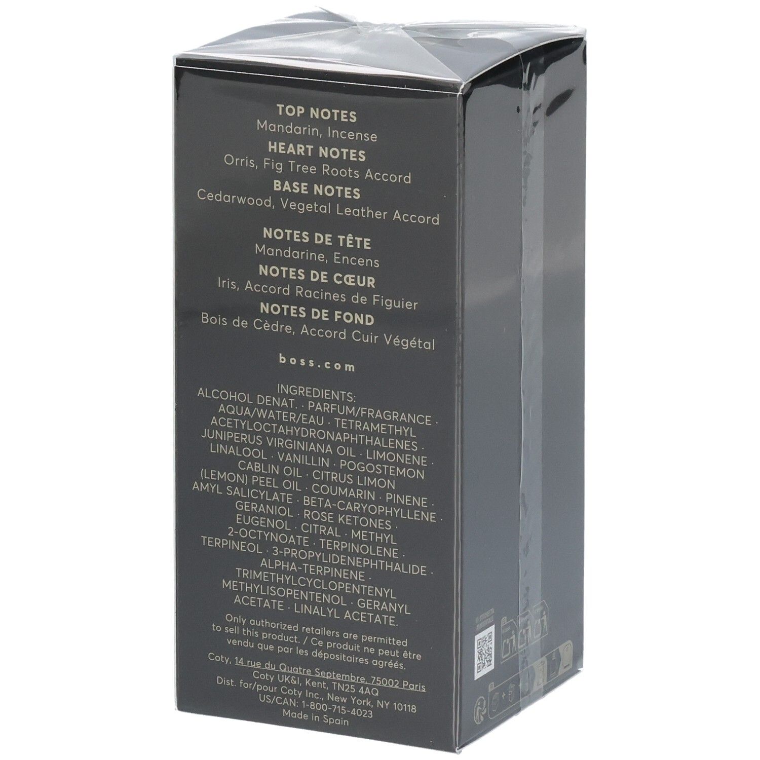 Lato della scatola Hugo Boss Bottled Parfum con note olfattive e ingredienti.