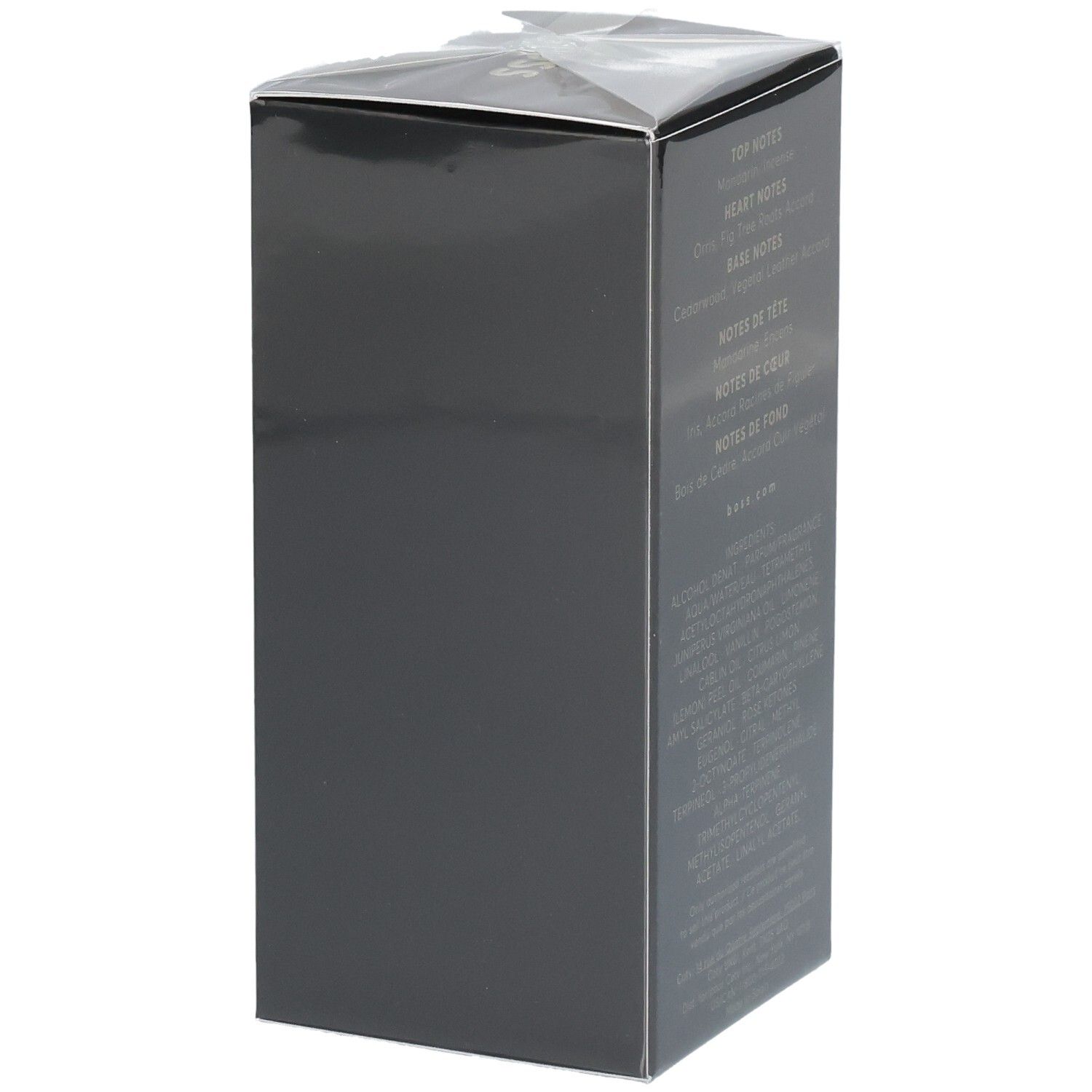 Lato della scatola Hugo Boss Bottled Parfum con note olfattive e ingredienti.