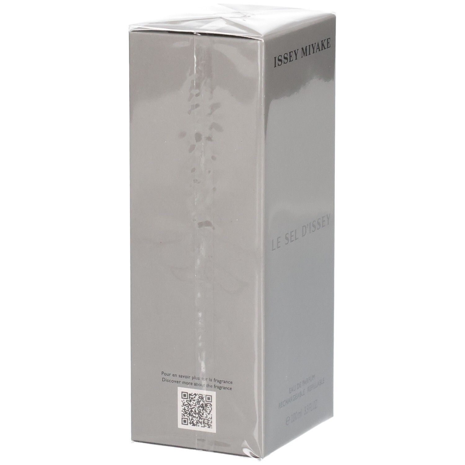 Issey Miyake Le Sel d'Issey Eau de Parfum scatola di cartone con QR code.