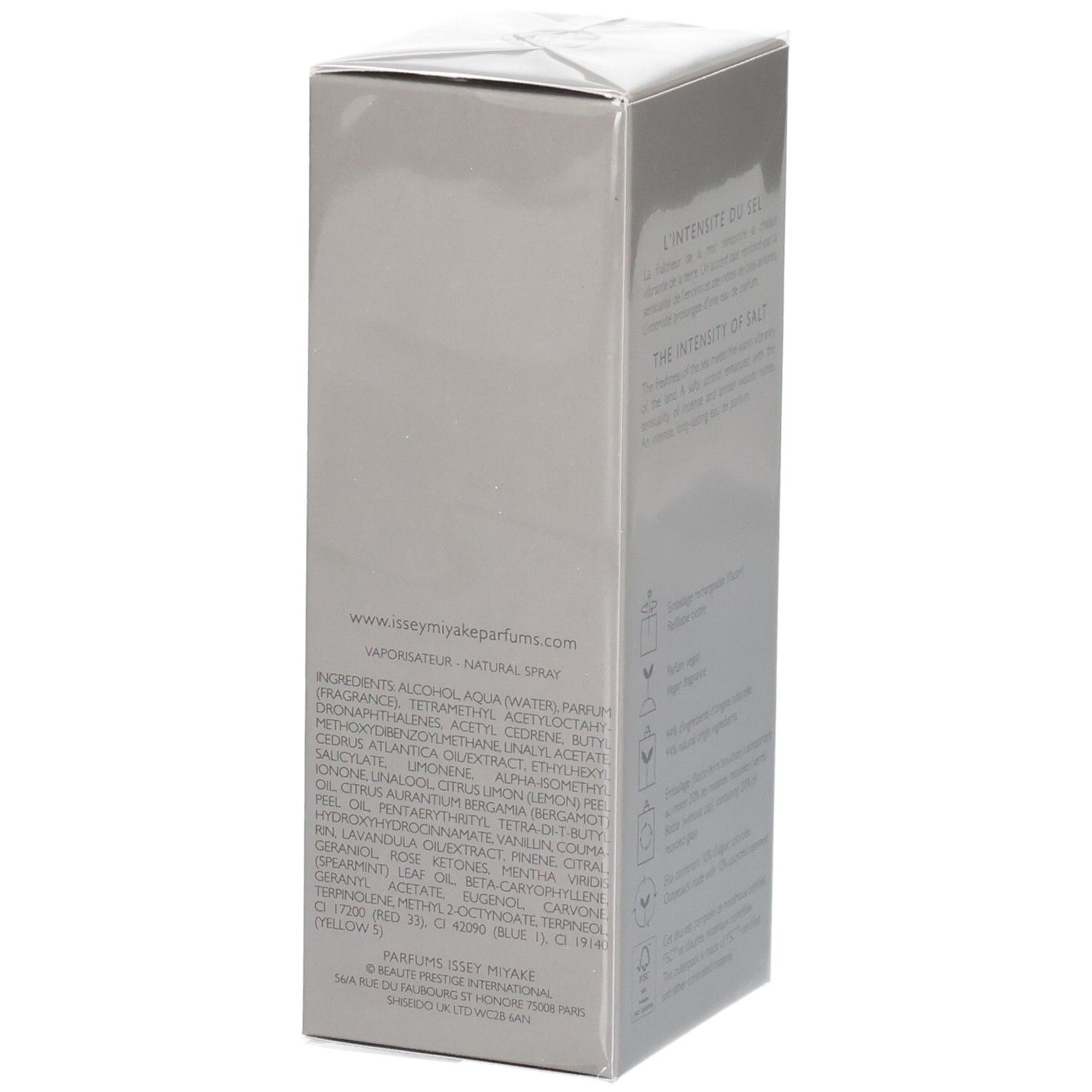 Issey Miyake Le Sel d'Issey Eau de Parfum scatola di cartone, elenco ingredienti.