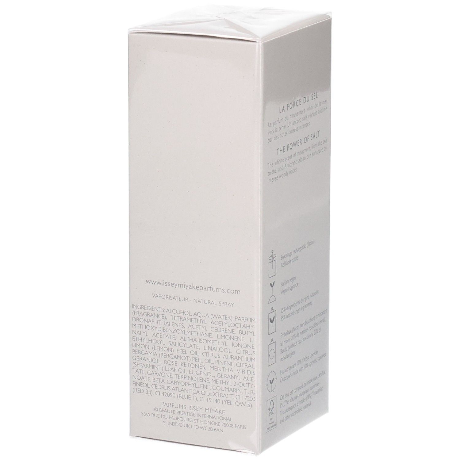 Confezione Issey Miyake Le Sel d'Issey Eau de Toilette con ingredienti.