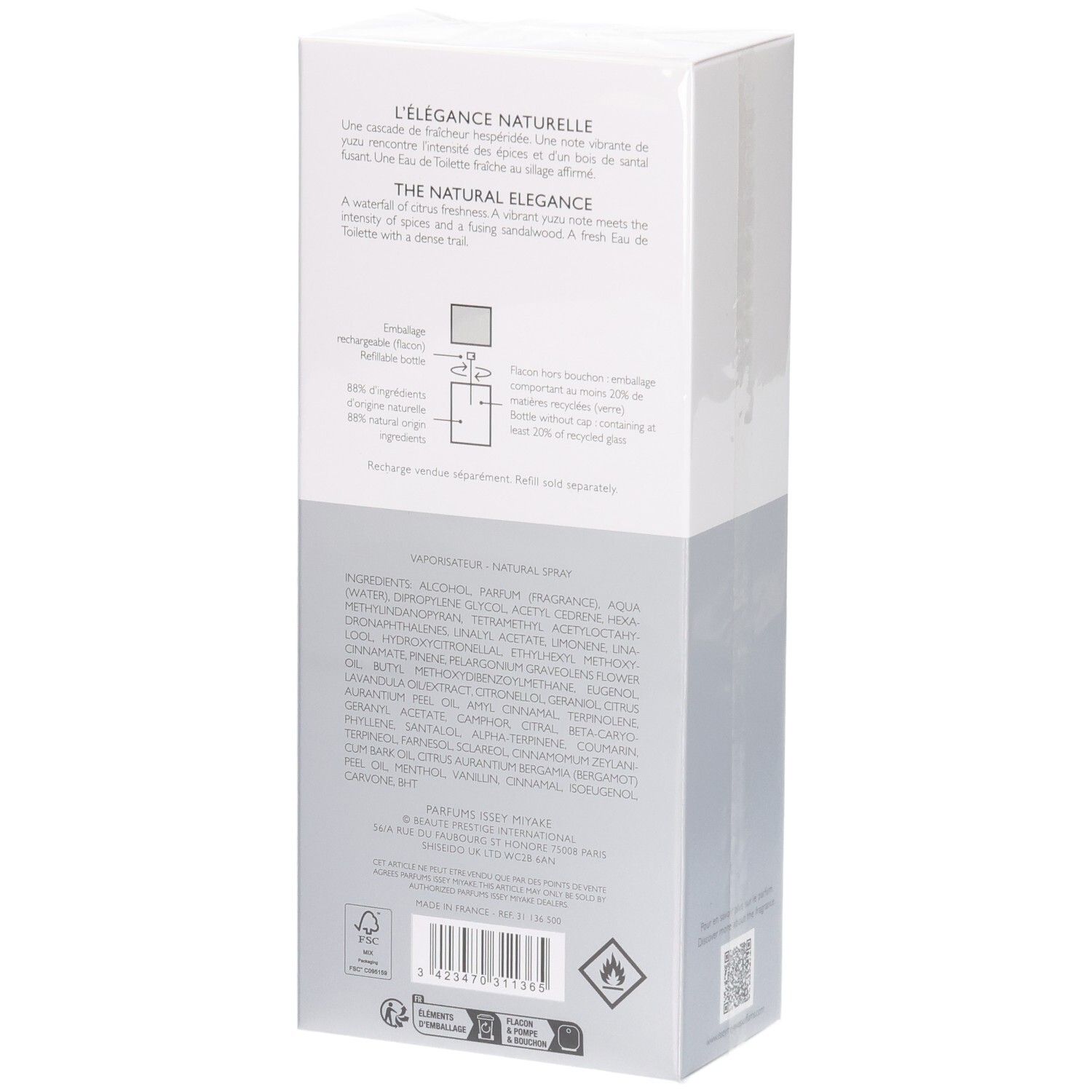 Issey Miyake L'eau D'Issey Pour Homme Eau De Toilette Spray 125ml Scatola, lato ingredienti.