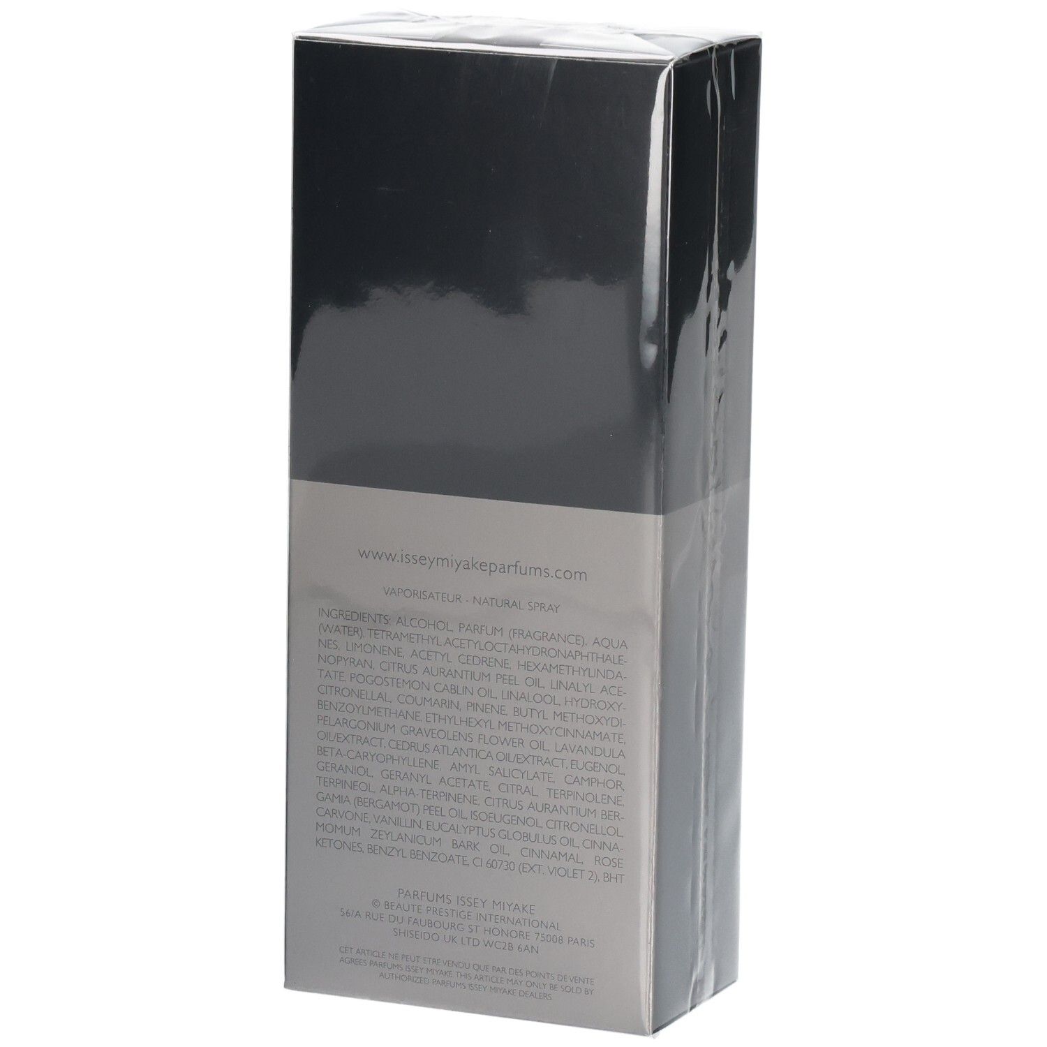 Retro della confezione di Issey Miyake L'Eau d'Issey pour Homme Intense Eau de Toilette con ingredienti.