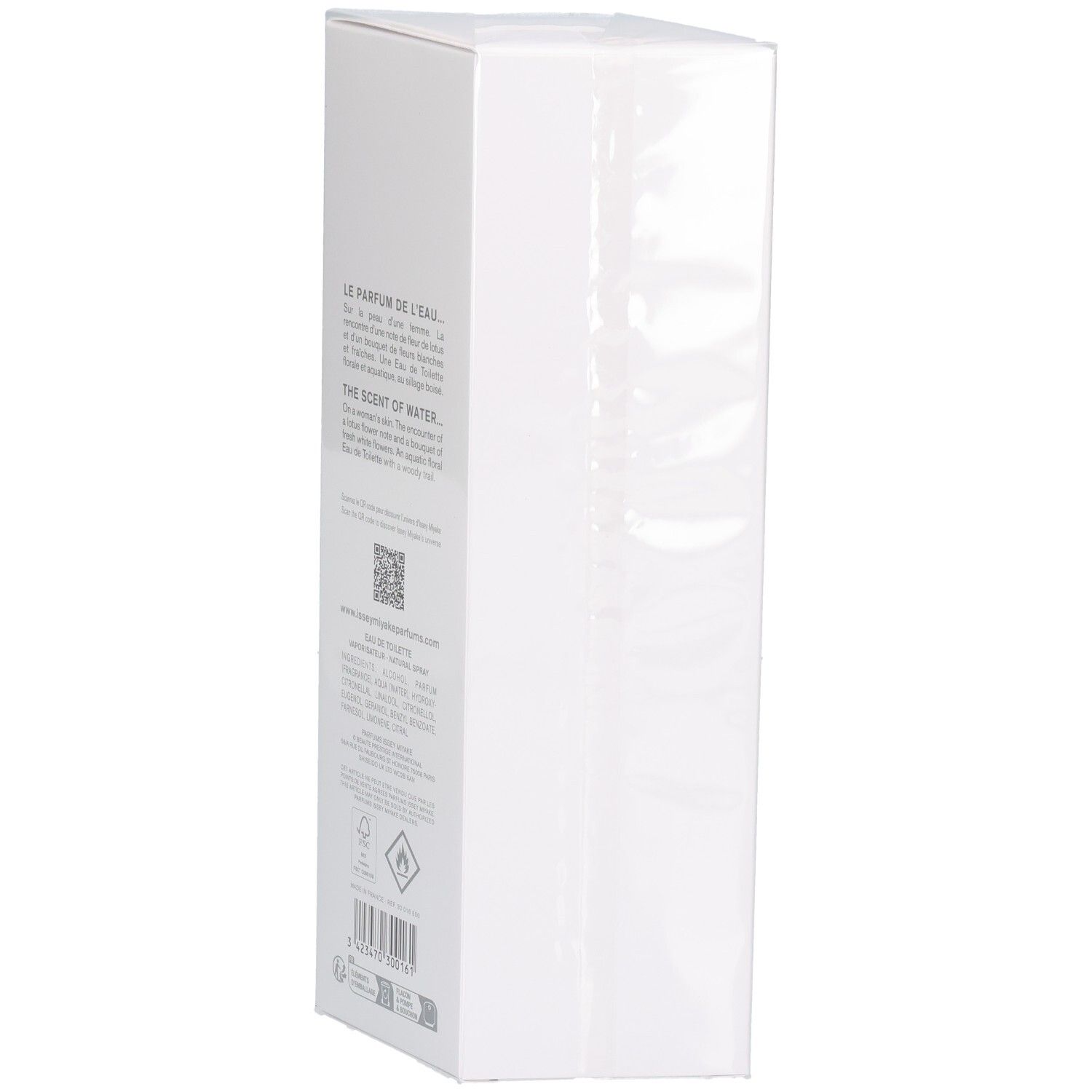 Retro della confezione spray Issey Miyake L'eau D'issey Eau de Toilette con testo.