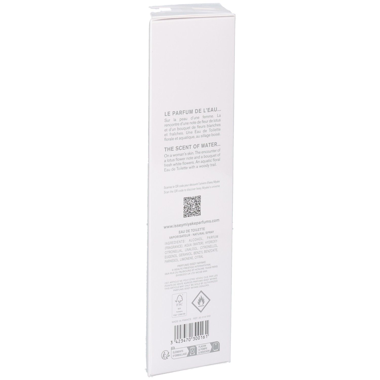 Retro della confezione spray Issey Miyake L'eau D'issey Eau de Toilette con testo.