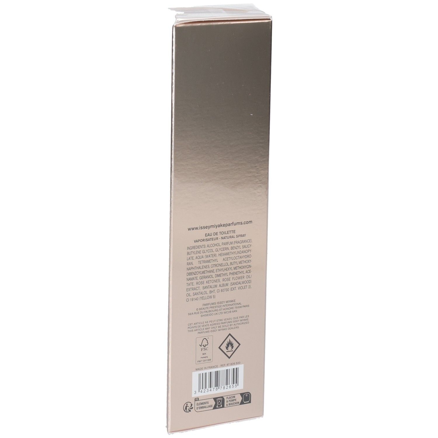 Issey Miyake Nectar d'Issey Petale de Nectar Eau de Toilette retro della confezione con ingredienti e simboli.